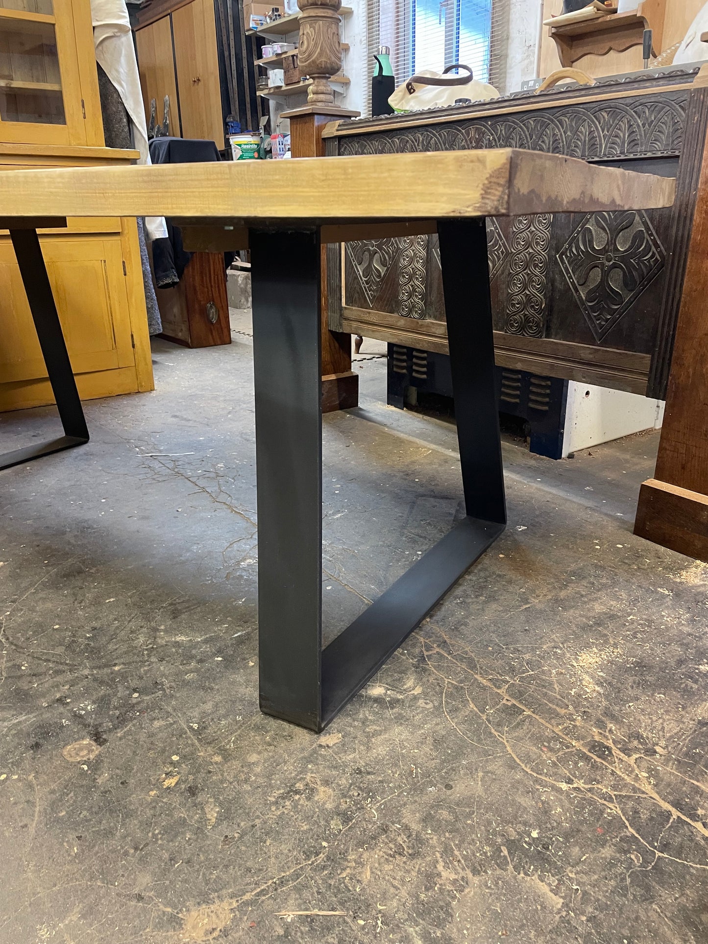 Large Industrial Dining Table with Bench bottom view of table on a metal base