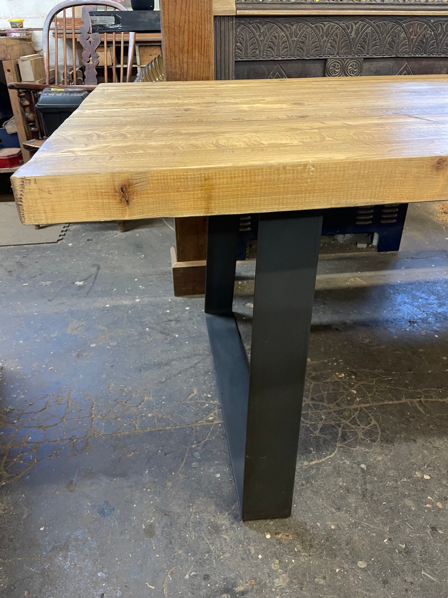 Large Industrial Dining Table with Bench side view