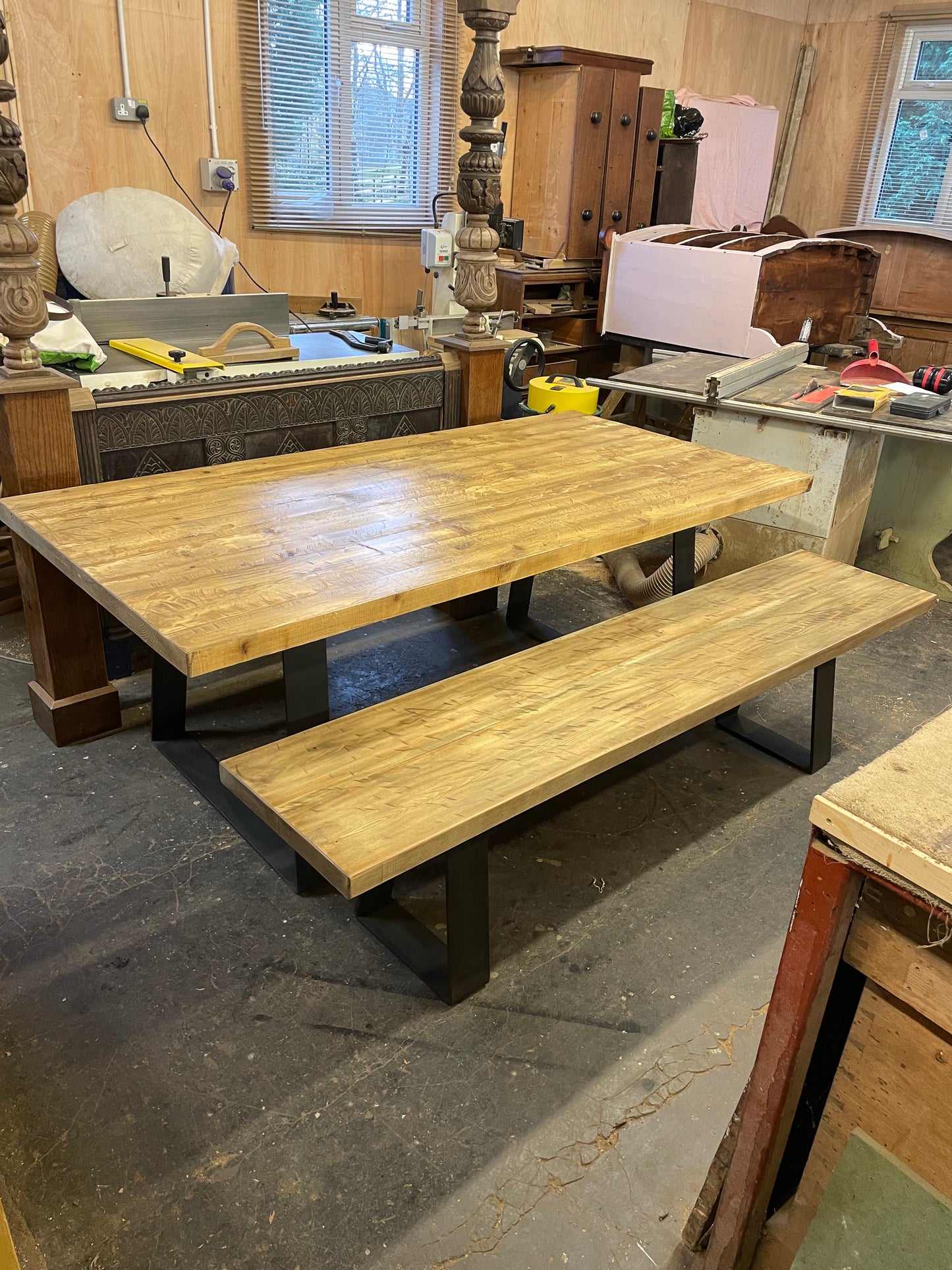 Large Industrial Dining Table with Bench table view bench