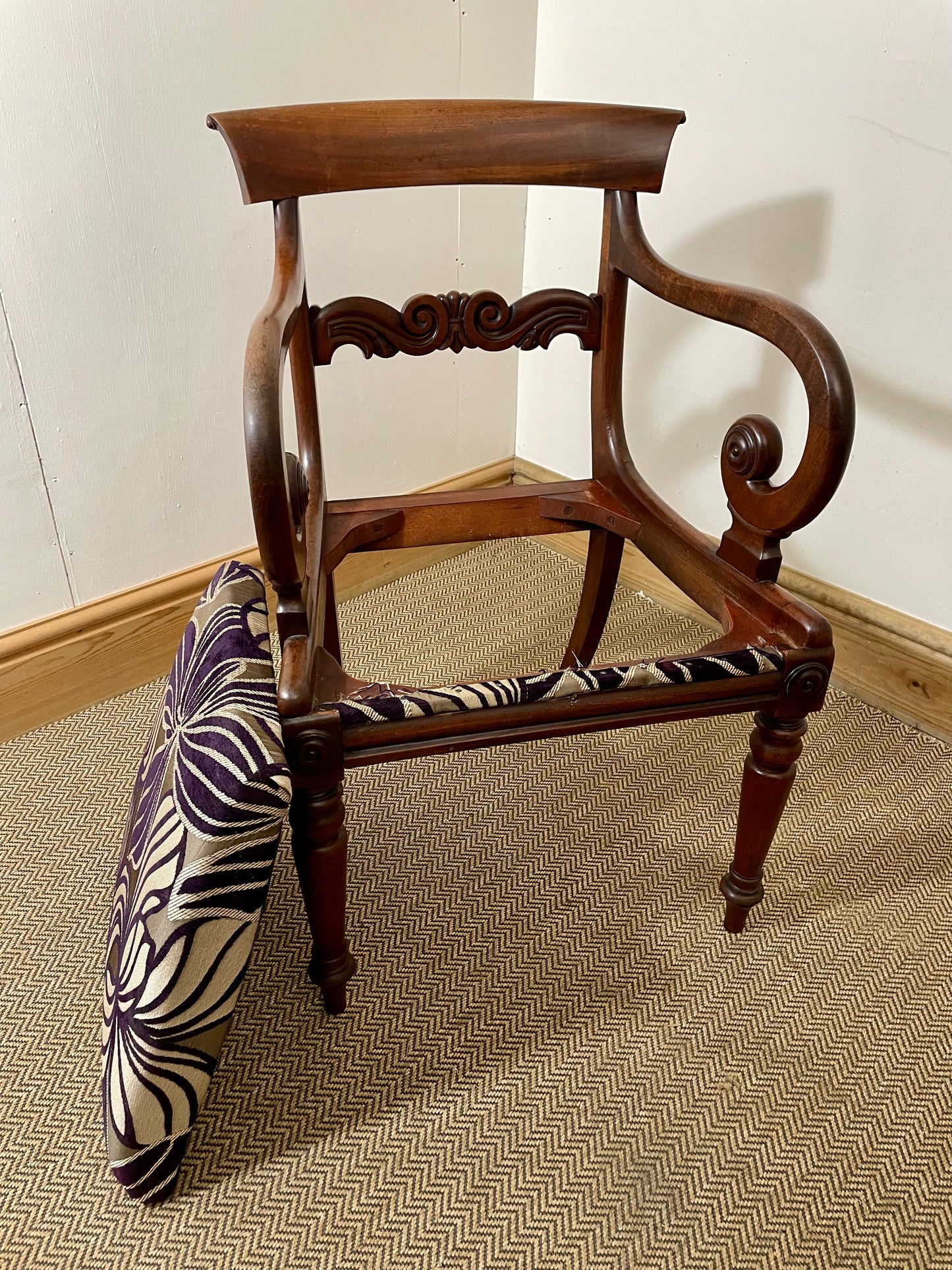 Victorian Antique Scroll Arm Chair drop in seat