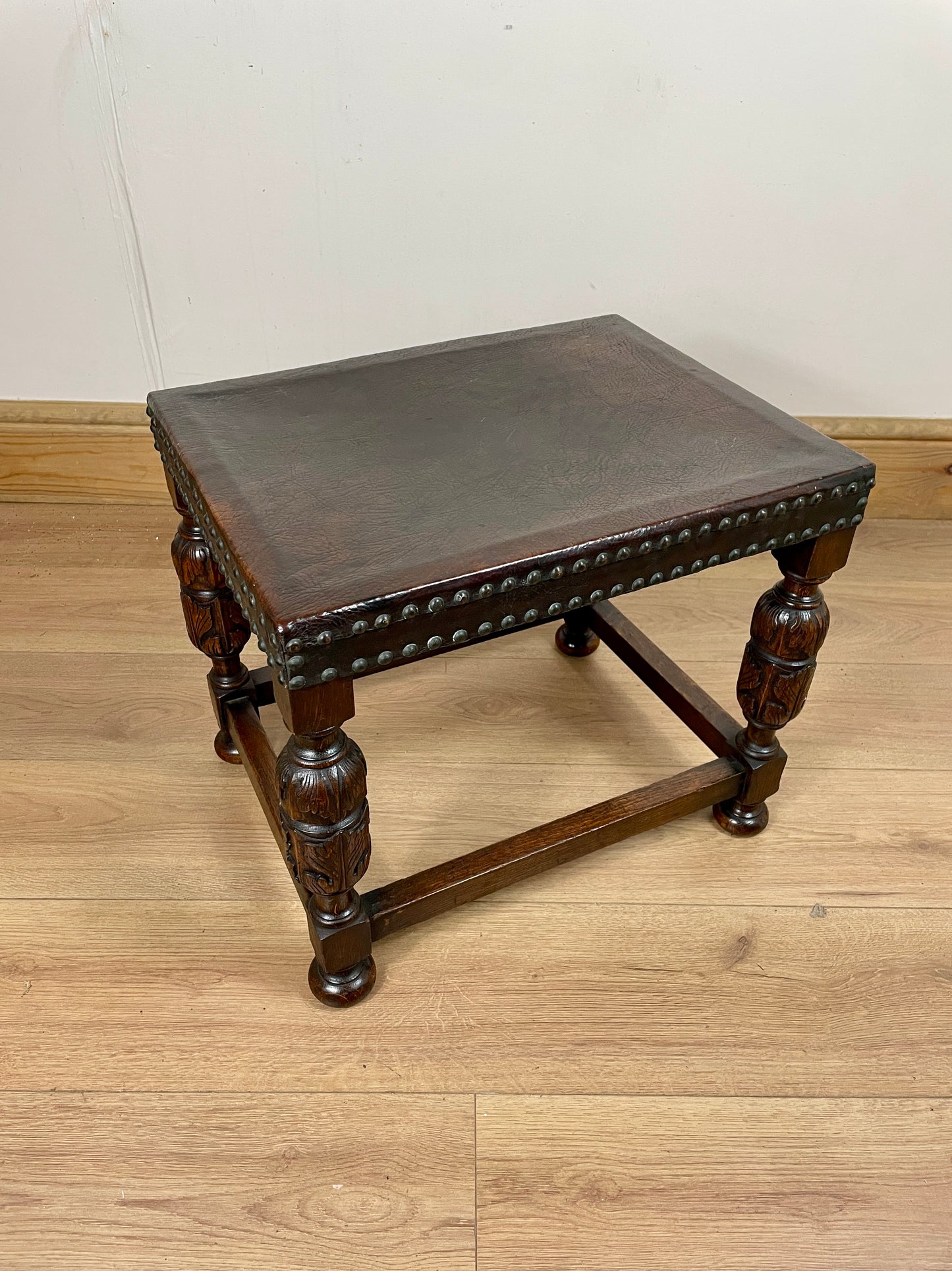 Antique Oak Brown Leather Footstool
