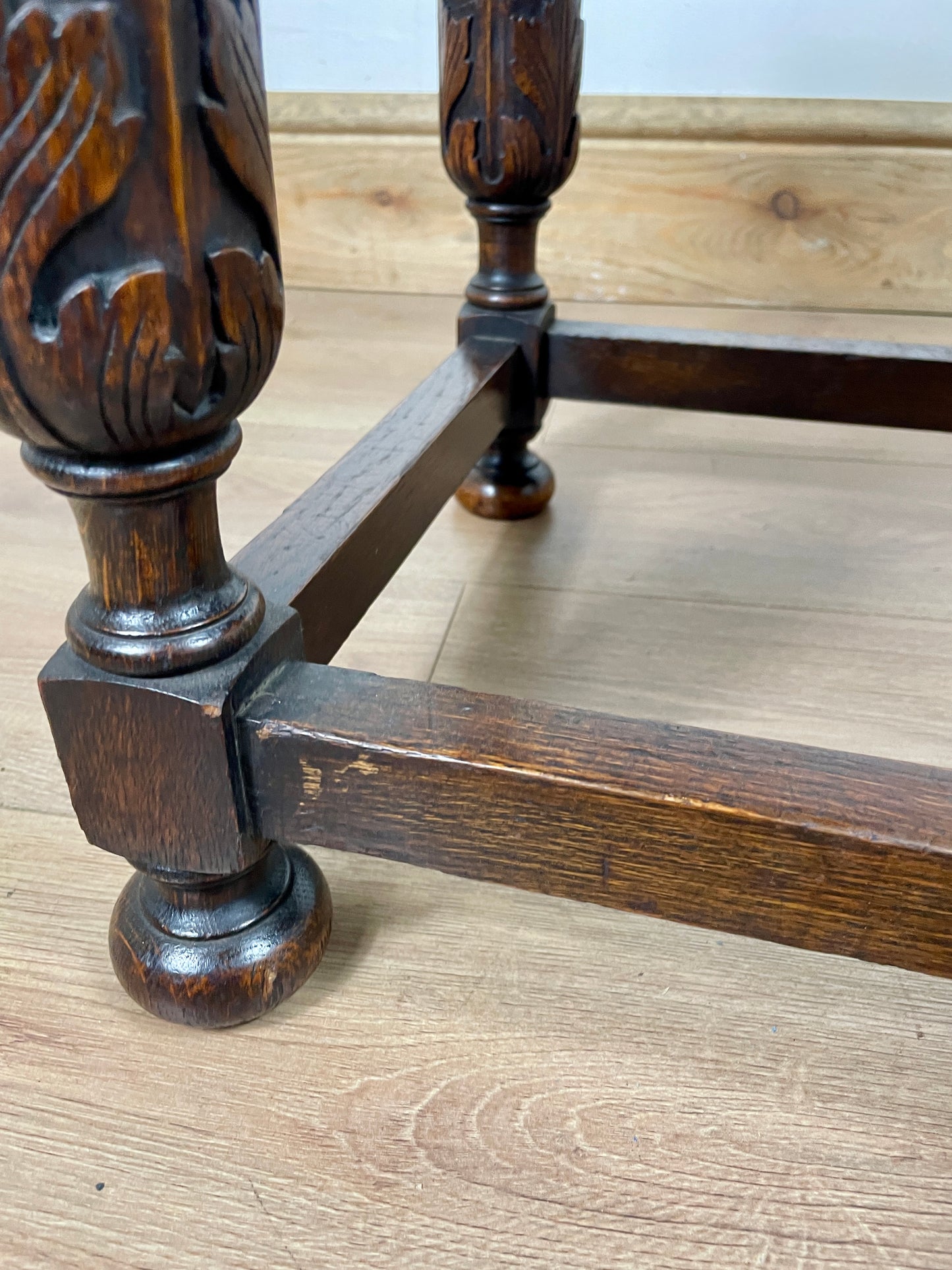 Antique Oak Brown Leather Footstool