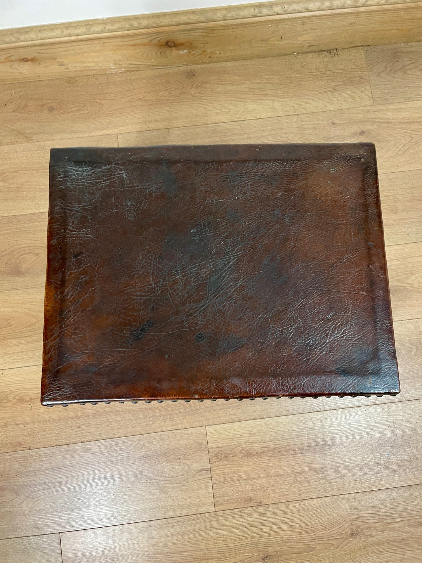 Antique Oak Brown Leather Footstool