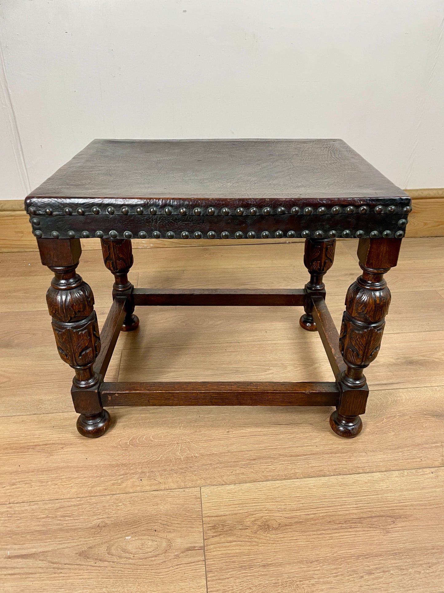Antique Oak Brown Leather Footstool