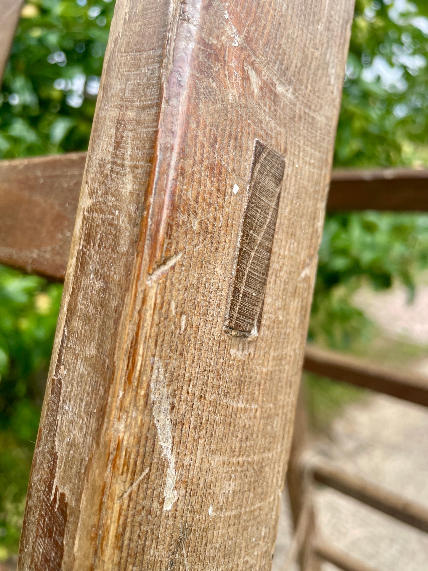 Close-up of a wooden post with visible grain and texture, blurred greenery in the background