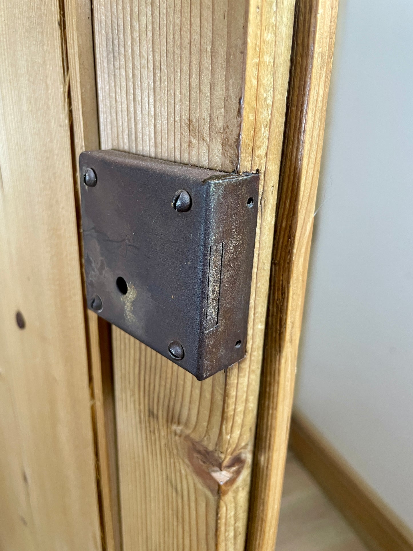Wooden door with a metal hinge