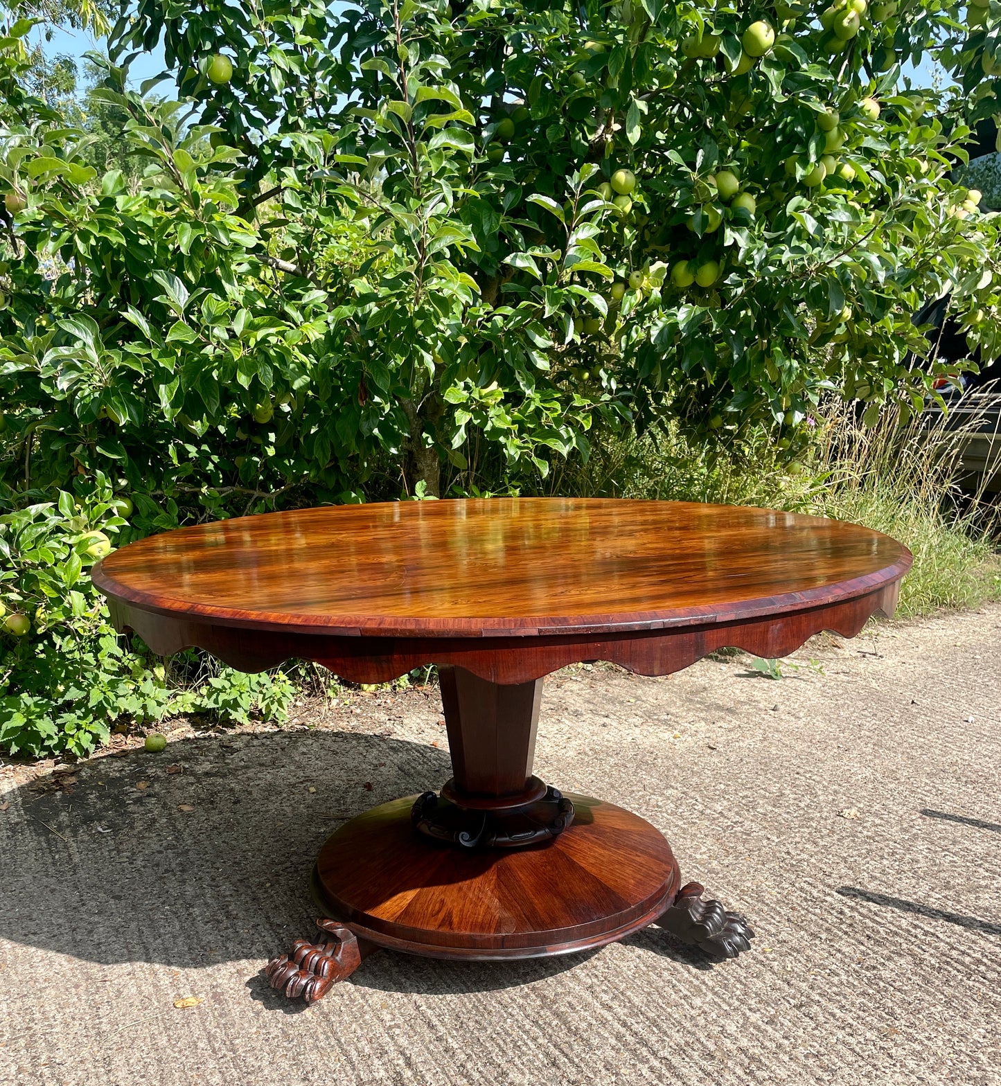 Wooden dining table outdoors with greenery in the background
