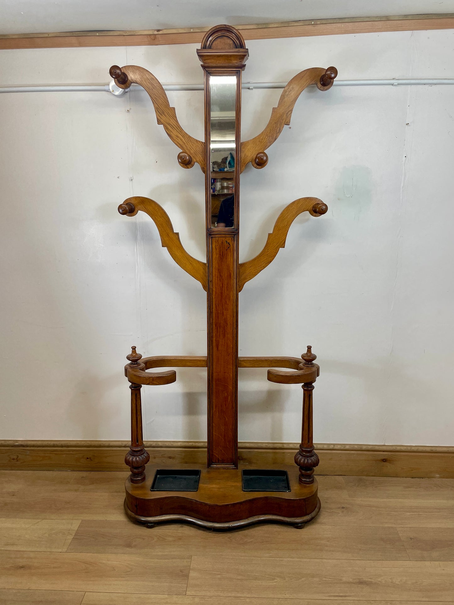 Antique Oak Coat Rack with Mirror – Restored Vintage Hall Stand
