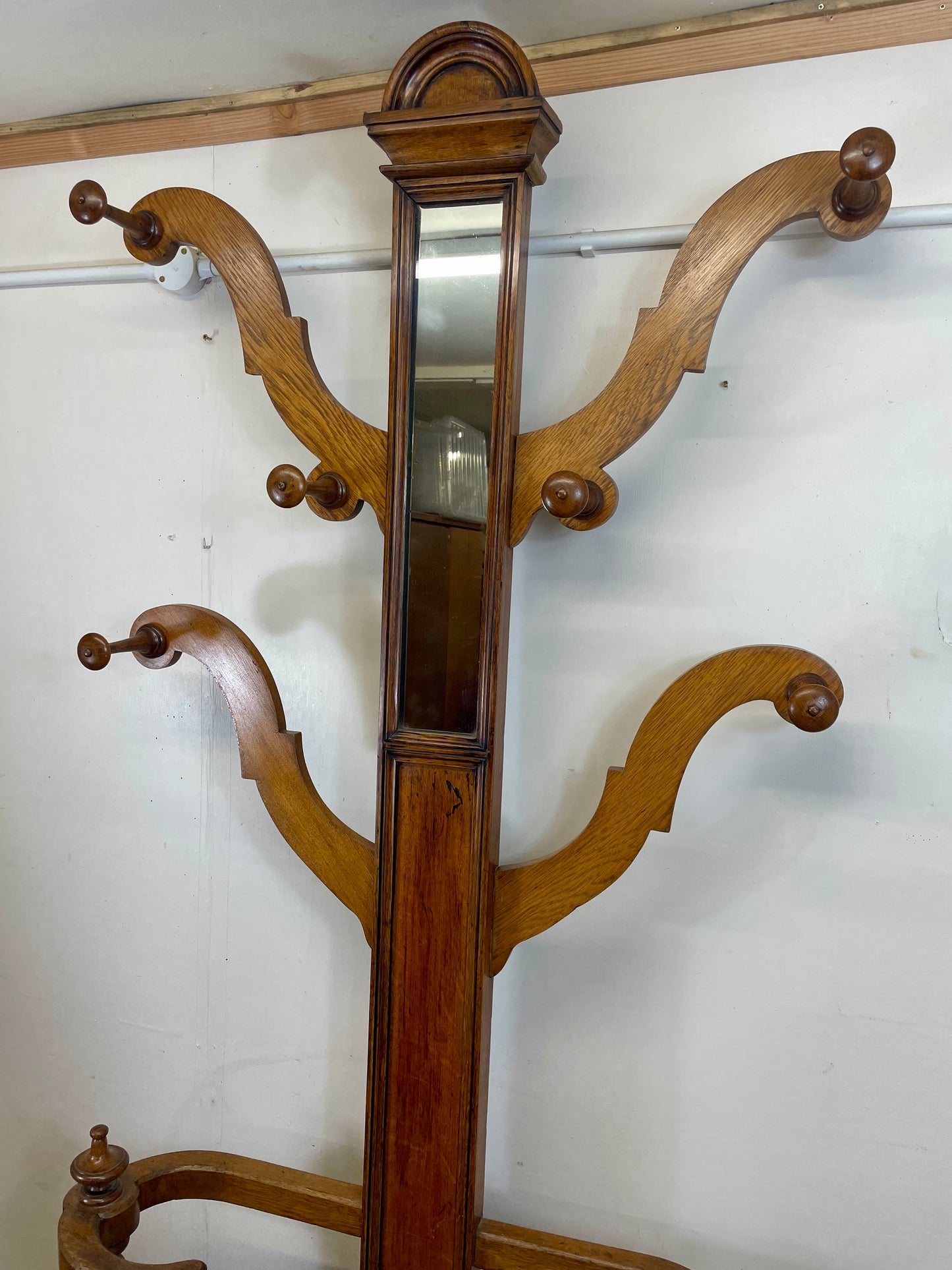 Antique Oak Coat Rack with Mirror – Restored Vintage Hall Stand