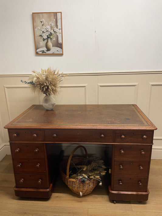 Antique Mahogany Victorian Pedestal Desk with Original Leather Top