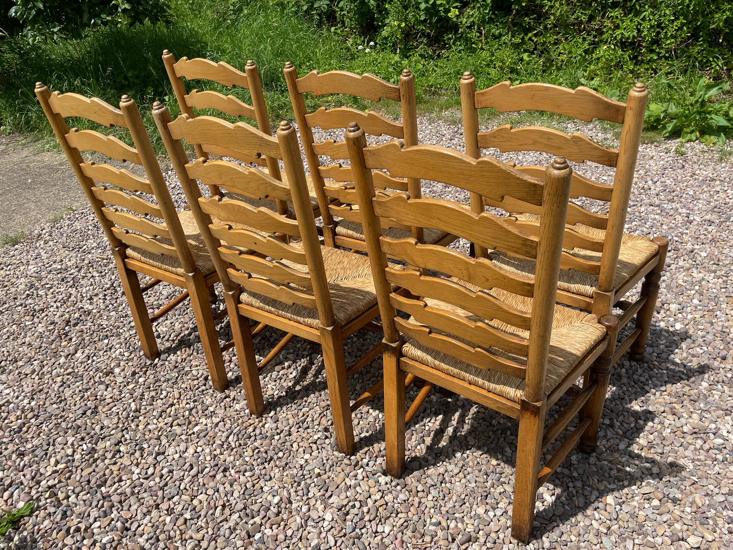 Vintage set of 6 light oak ladder back chairs