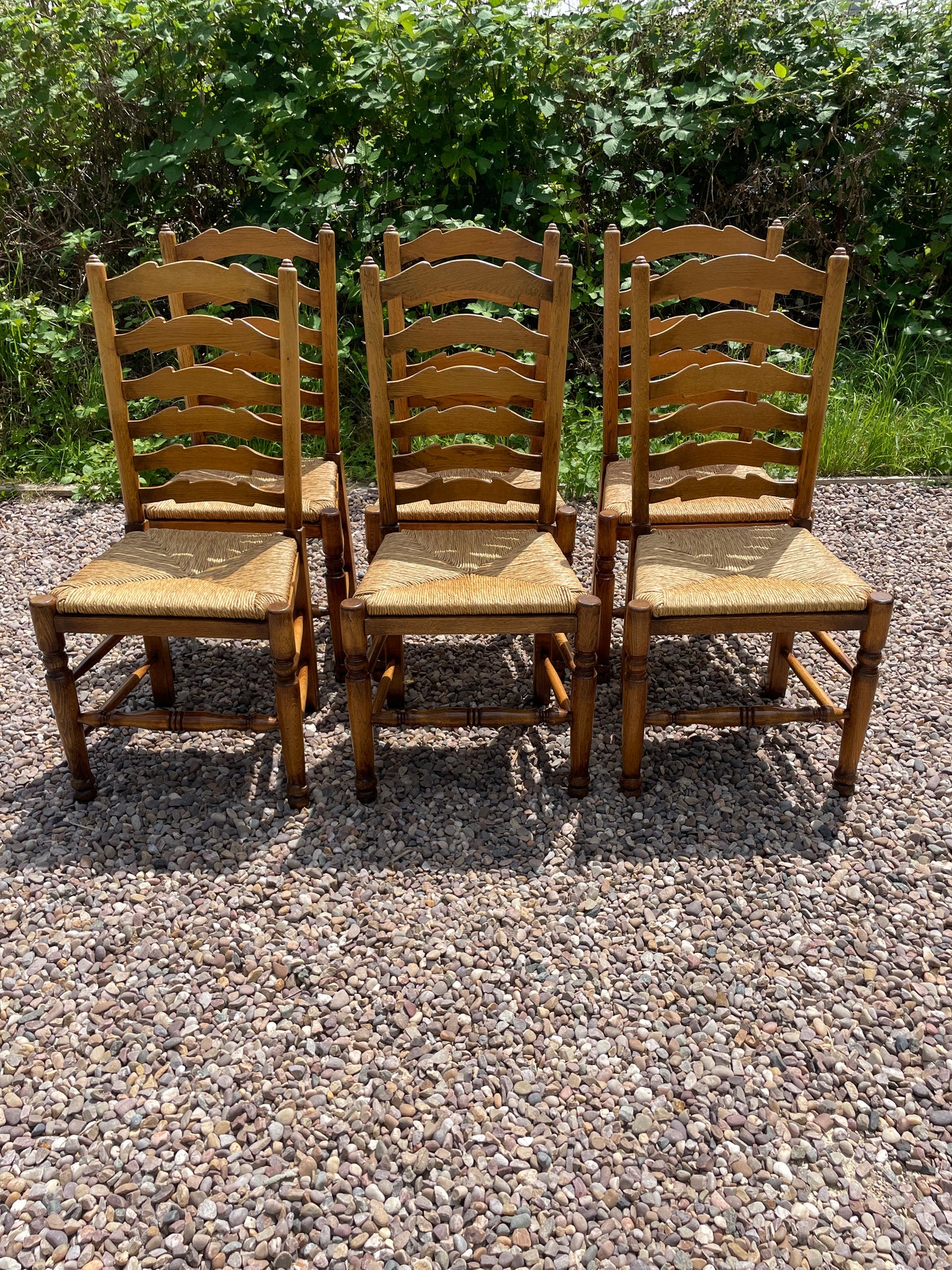 Vintage set of 6 light oak ladder back chairs