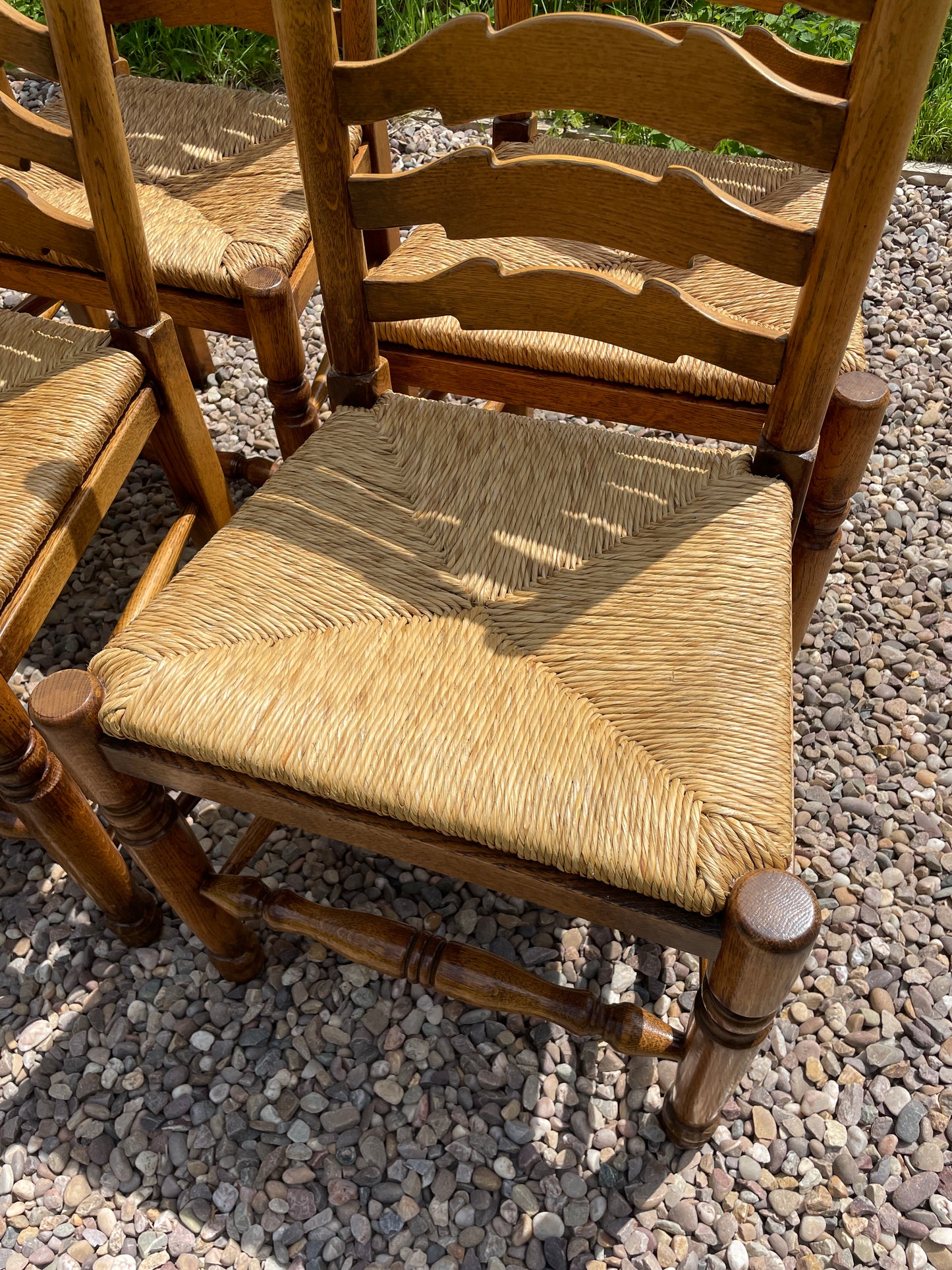 Vintage set of 6 light oak ladder back chairs