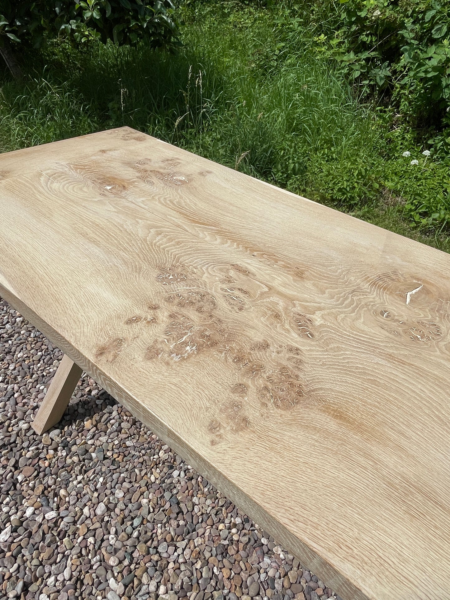 Handmade limed oak burr x frame table