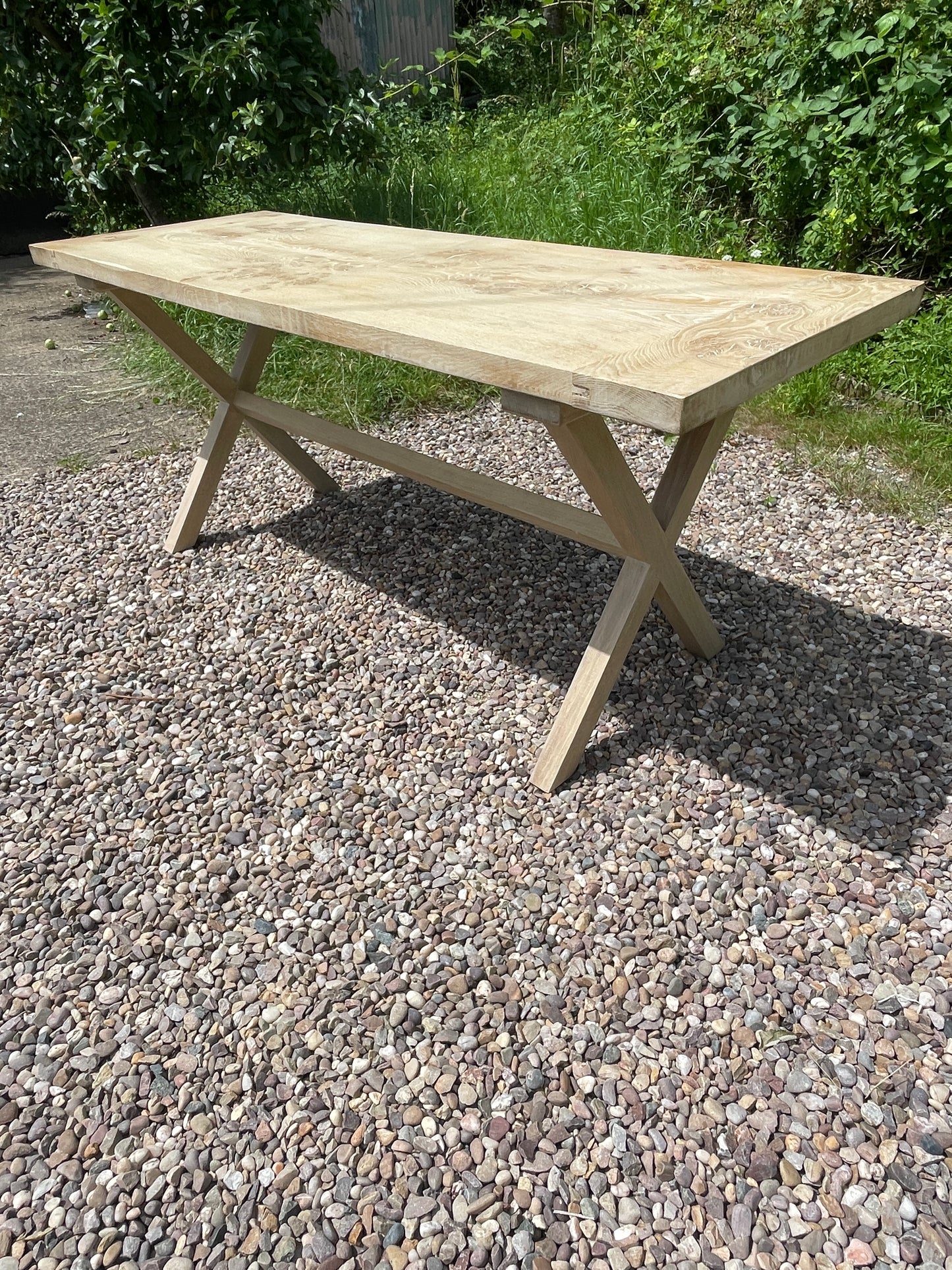 Handmade limed oak burr x frame table