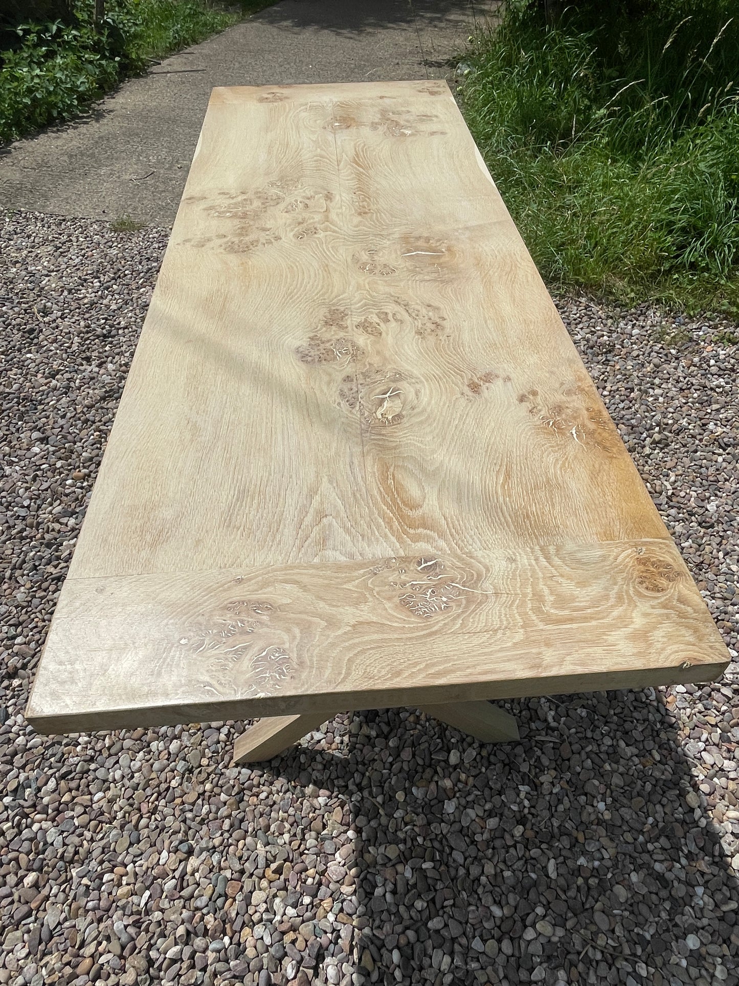 Handmade limed oak burr x frame table