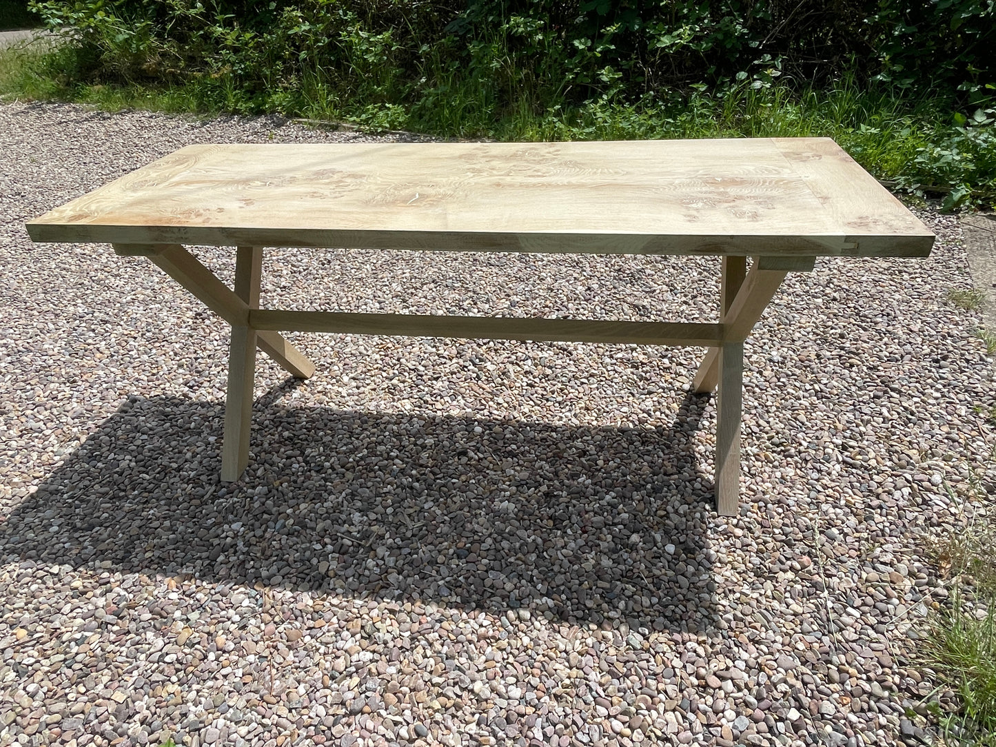 Handmade limed oak burr x frame table