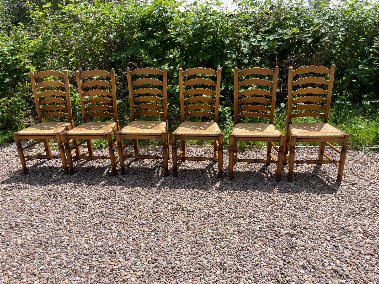 Vintage set of 6 light oak ladder back chairs