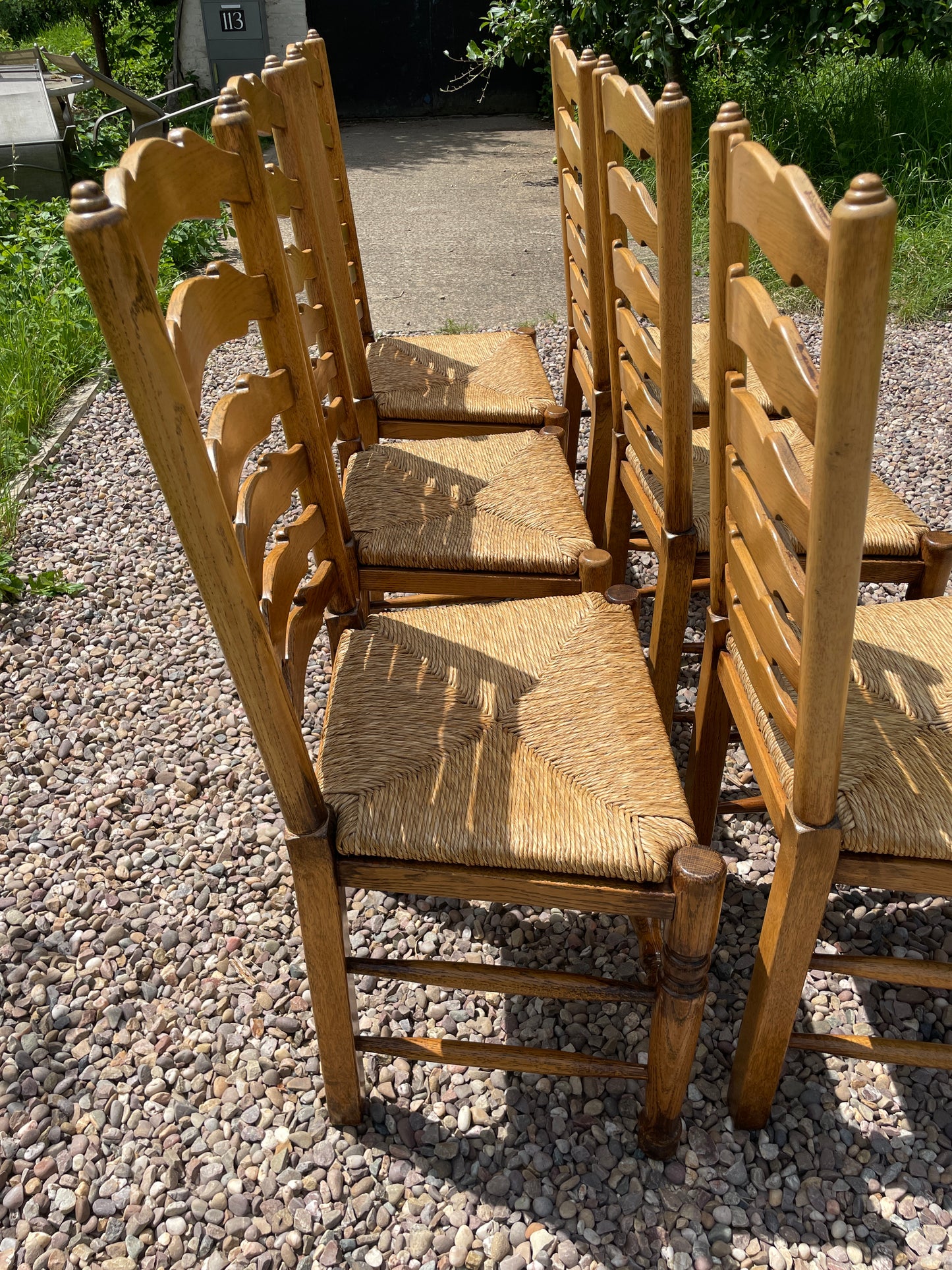 Vintage set of 6 light oak ladder back chairs