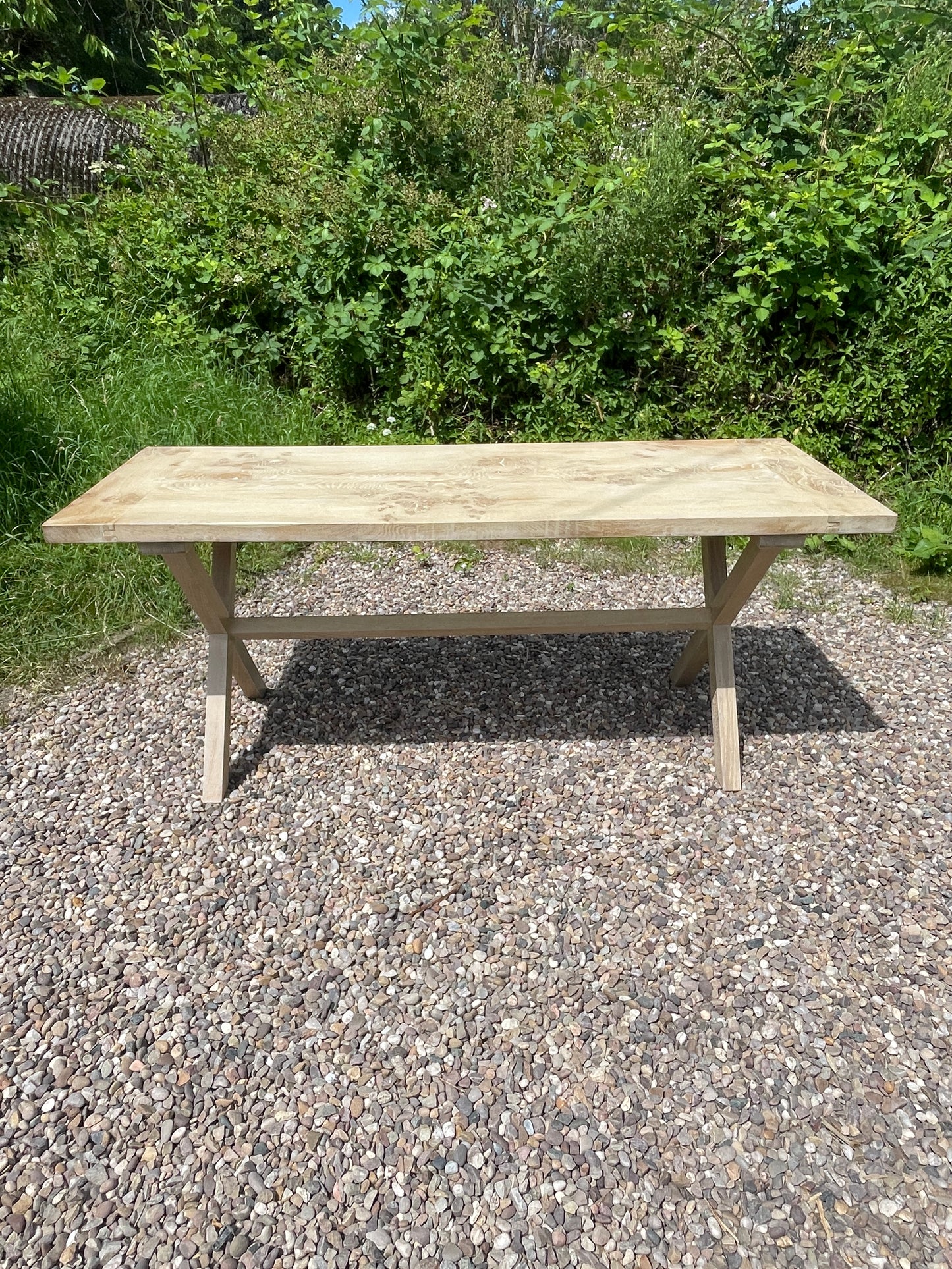 Handmade limed oak burr x frame table