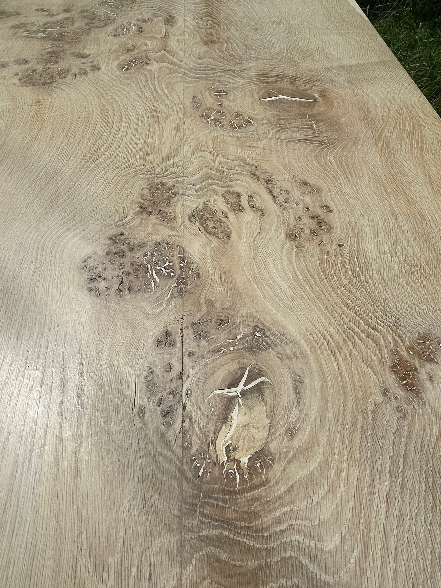 Handmade limed oak burr x frame table