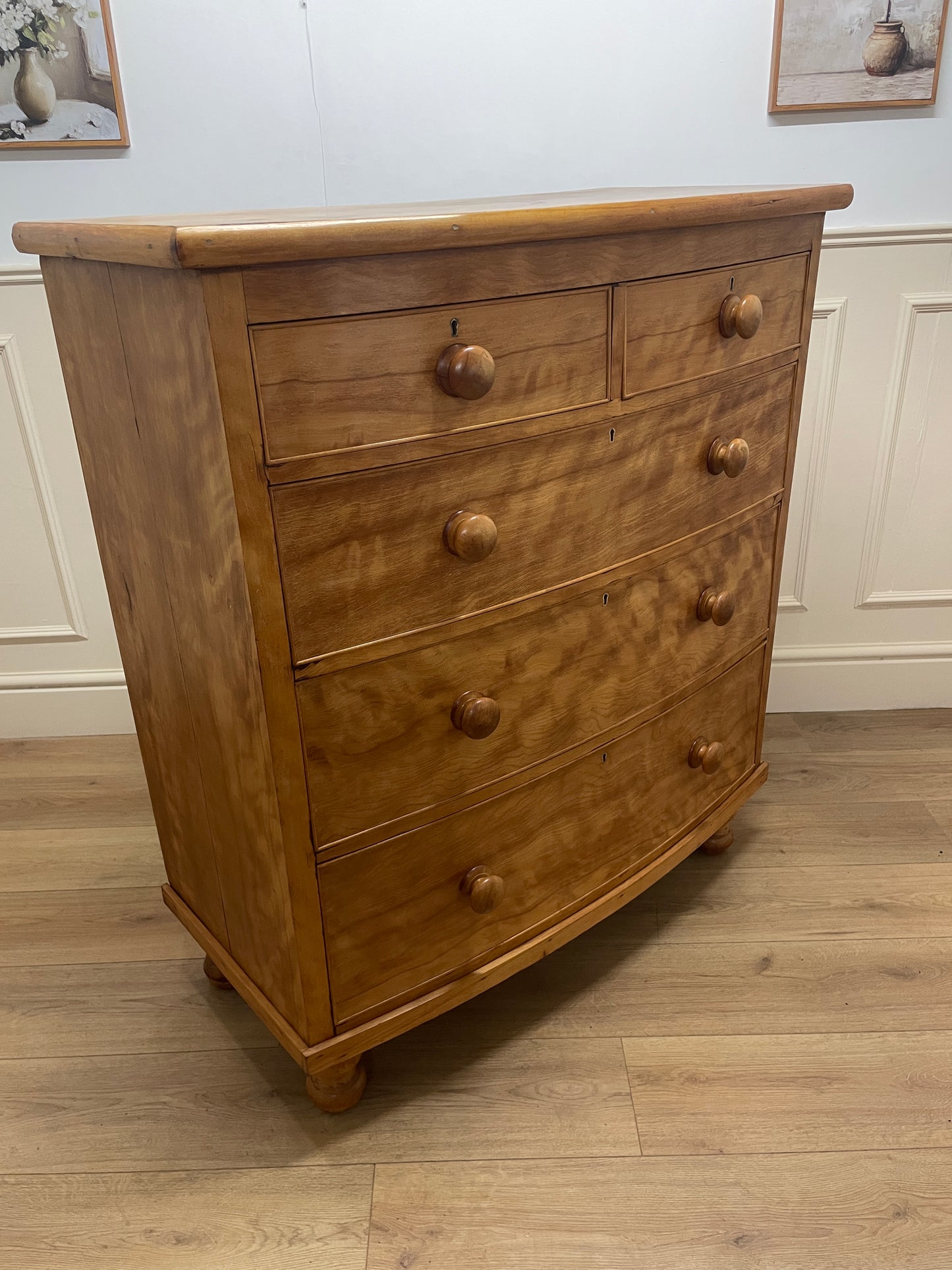 Victorian satin birch bow front chest of drawers