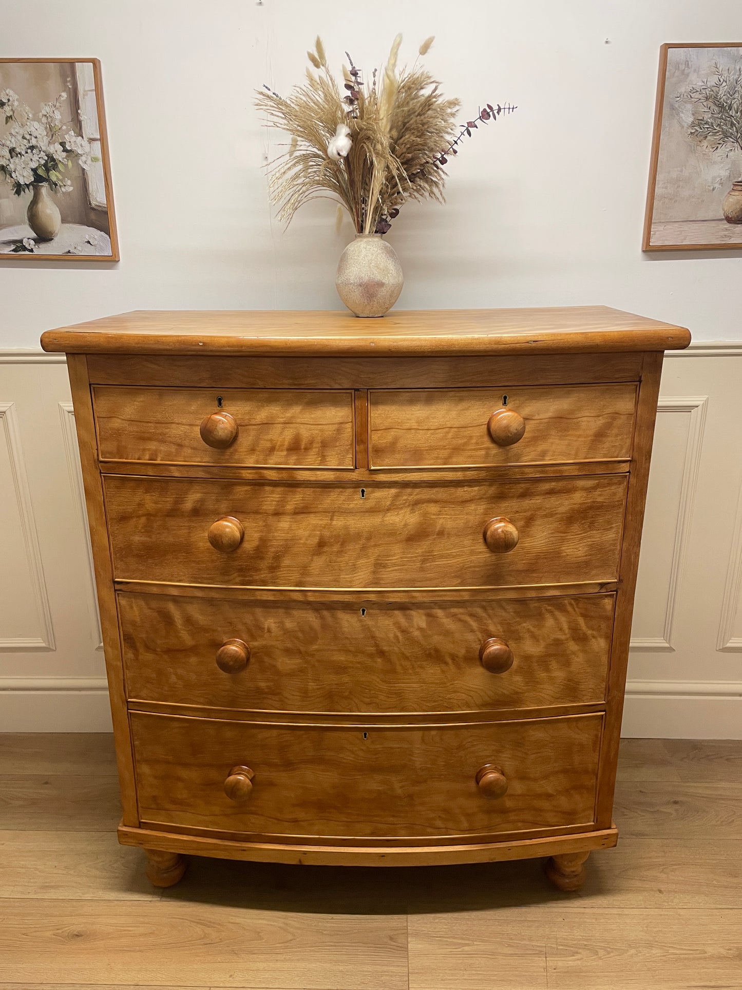 Victorian satin birch bow front chest of drawers
