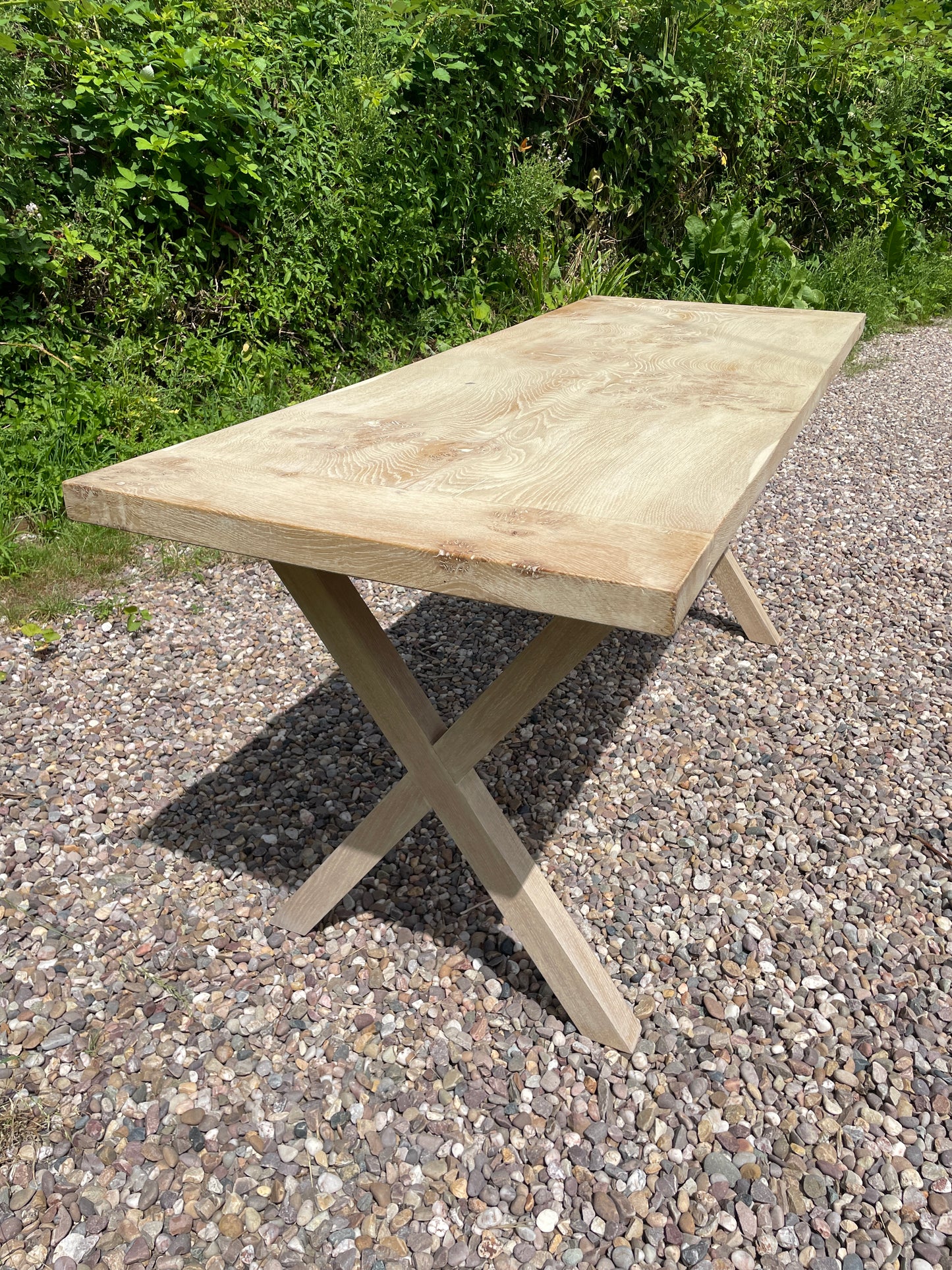 Handmade limed oak burr x frame table