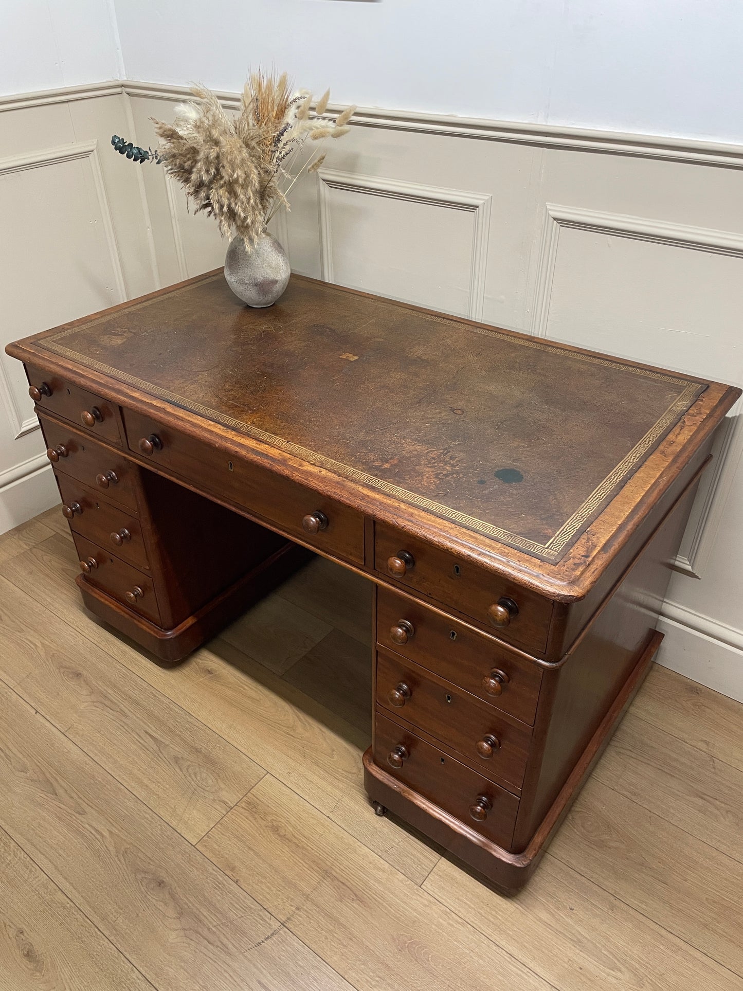 Antique Mahogany Victorian Pedestal Desk with Original Leather Top