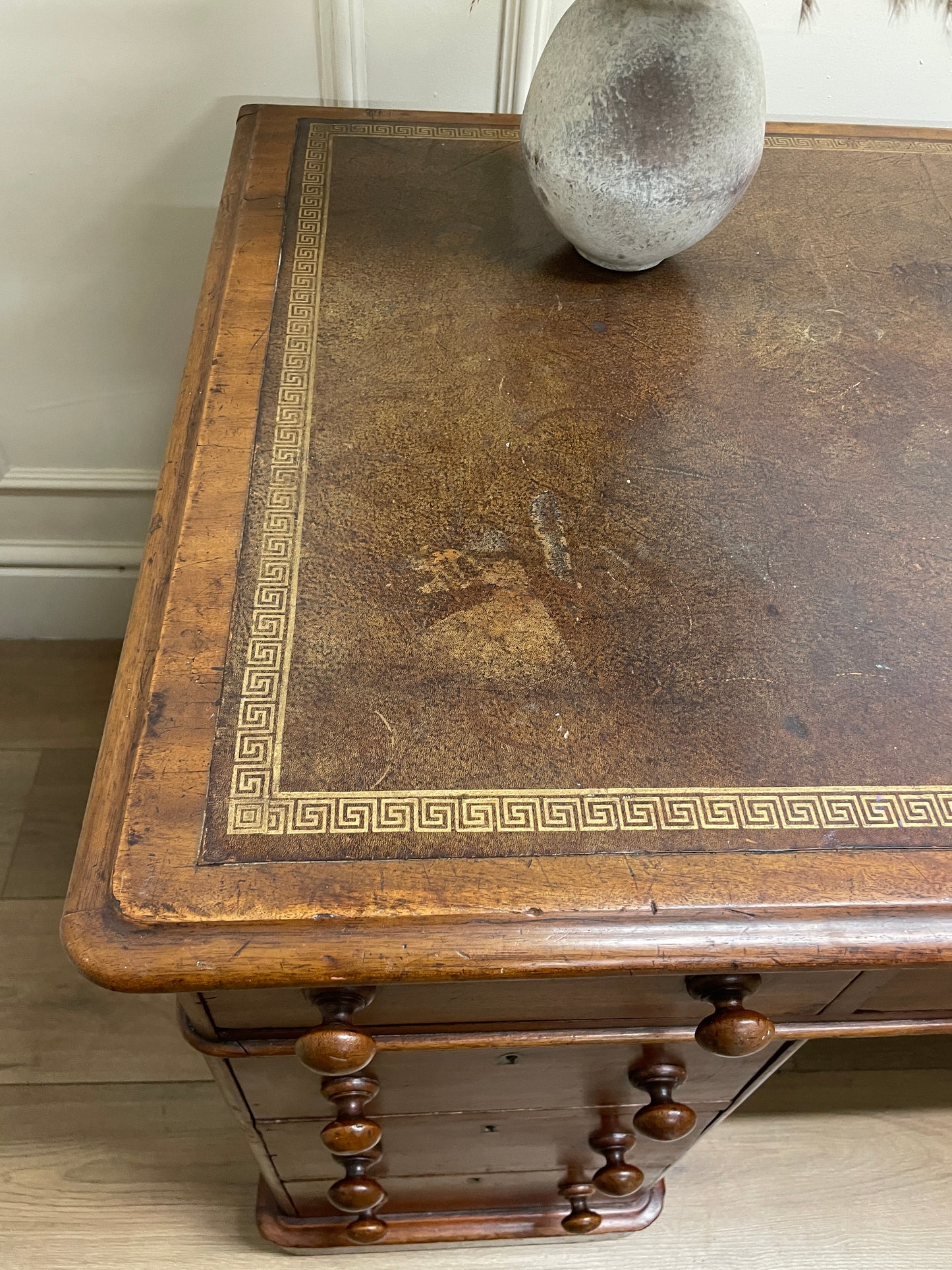 Antique Mahogany Victorian Pedestal Desk with Original Leather Top