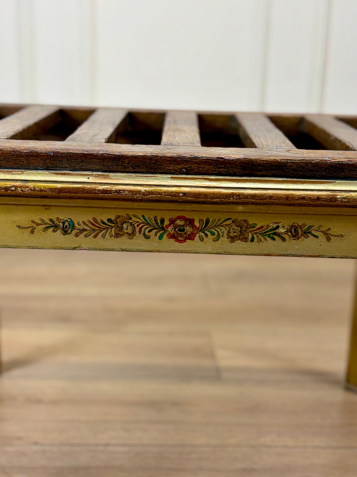 Antique solid oak luggage rack stool with original crackled yellow painted legs and base