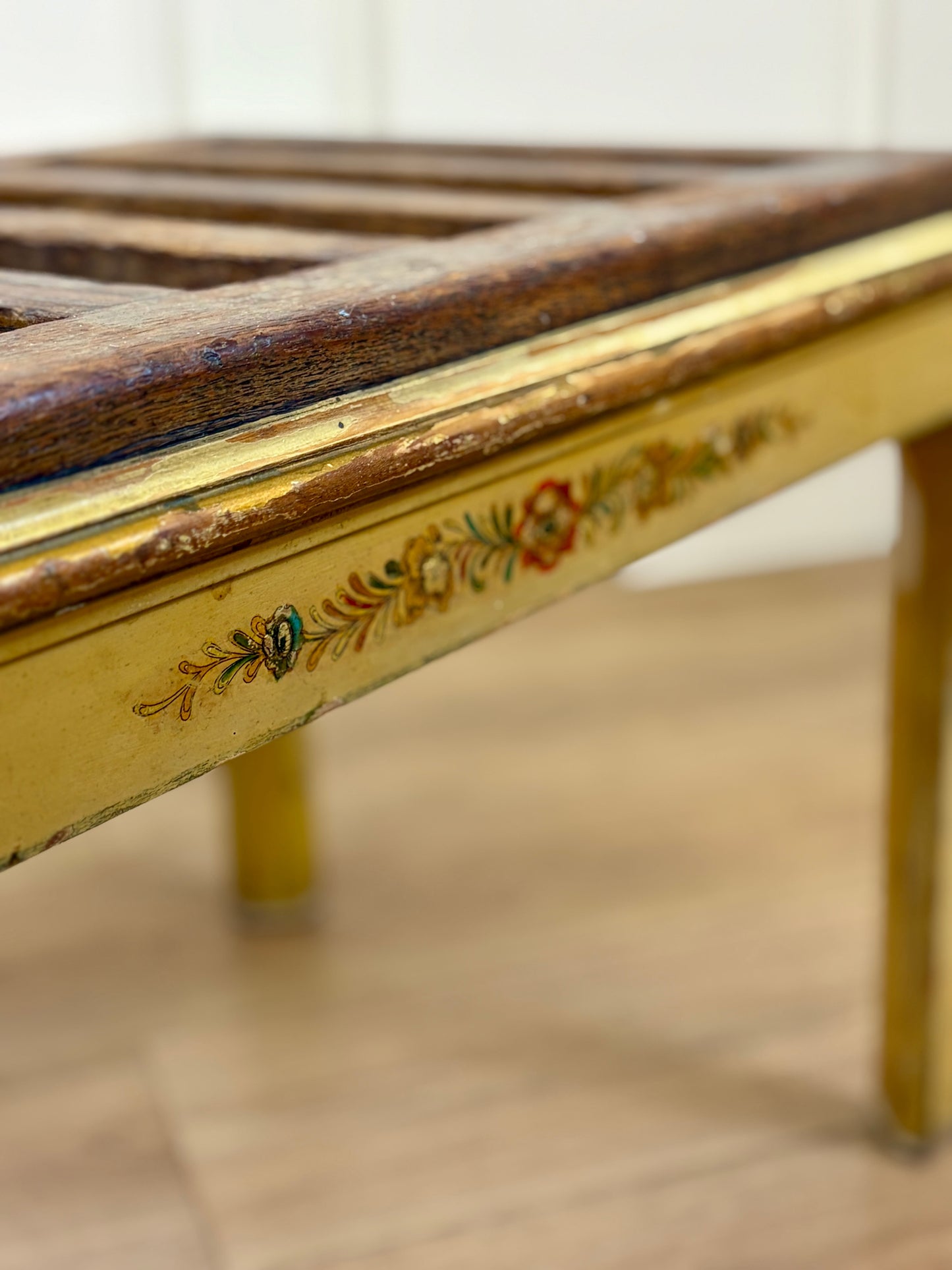 Antique solid oak luggage rack stool with original crackled yellow painted legs and base