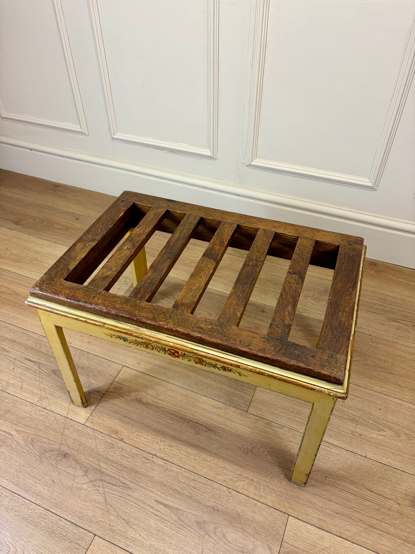 Antique solid oak luggage rack stool with original crackled yellow painted legs and base