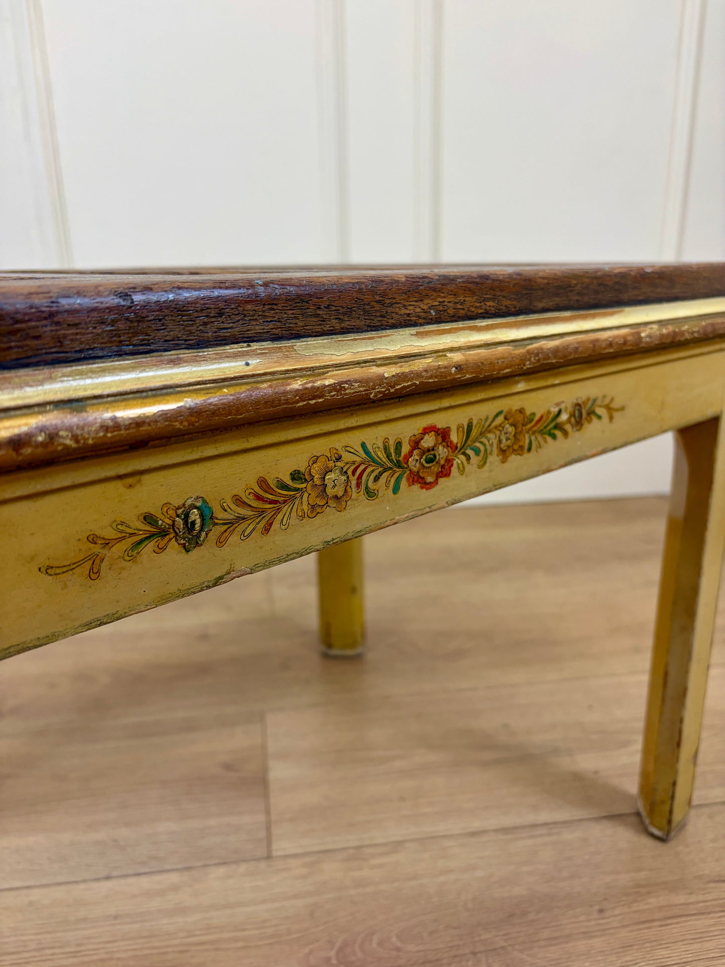 Antique solid oak luggage rack stool with original crackled yellow painted legs and base