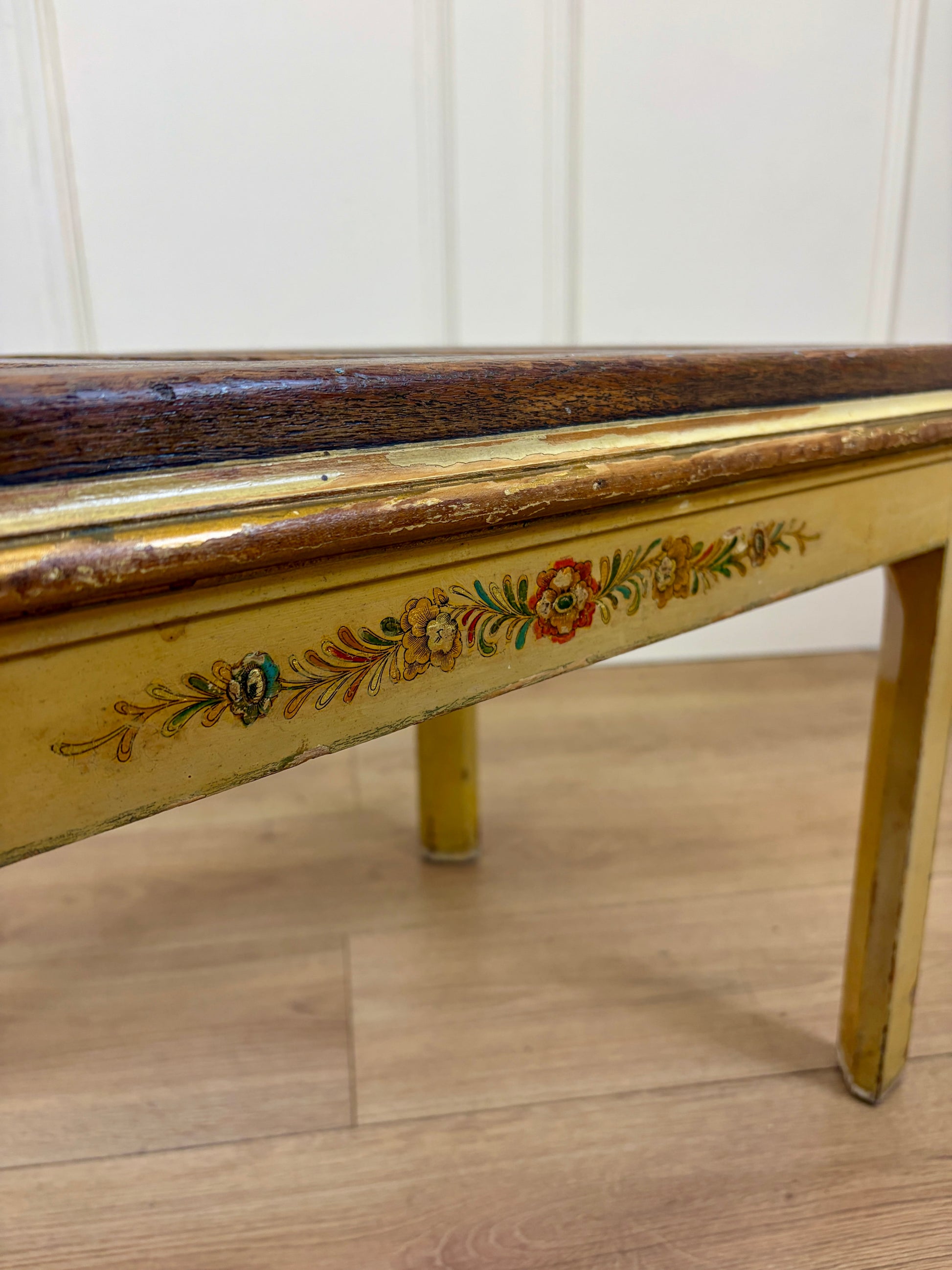 Antique solid oak luggage rack stool with original crackled yellow painted legs and base