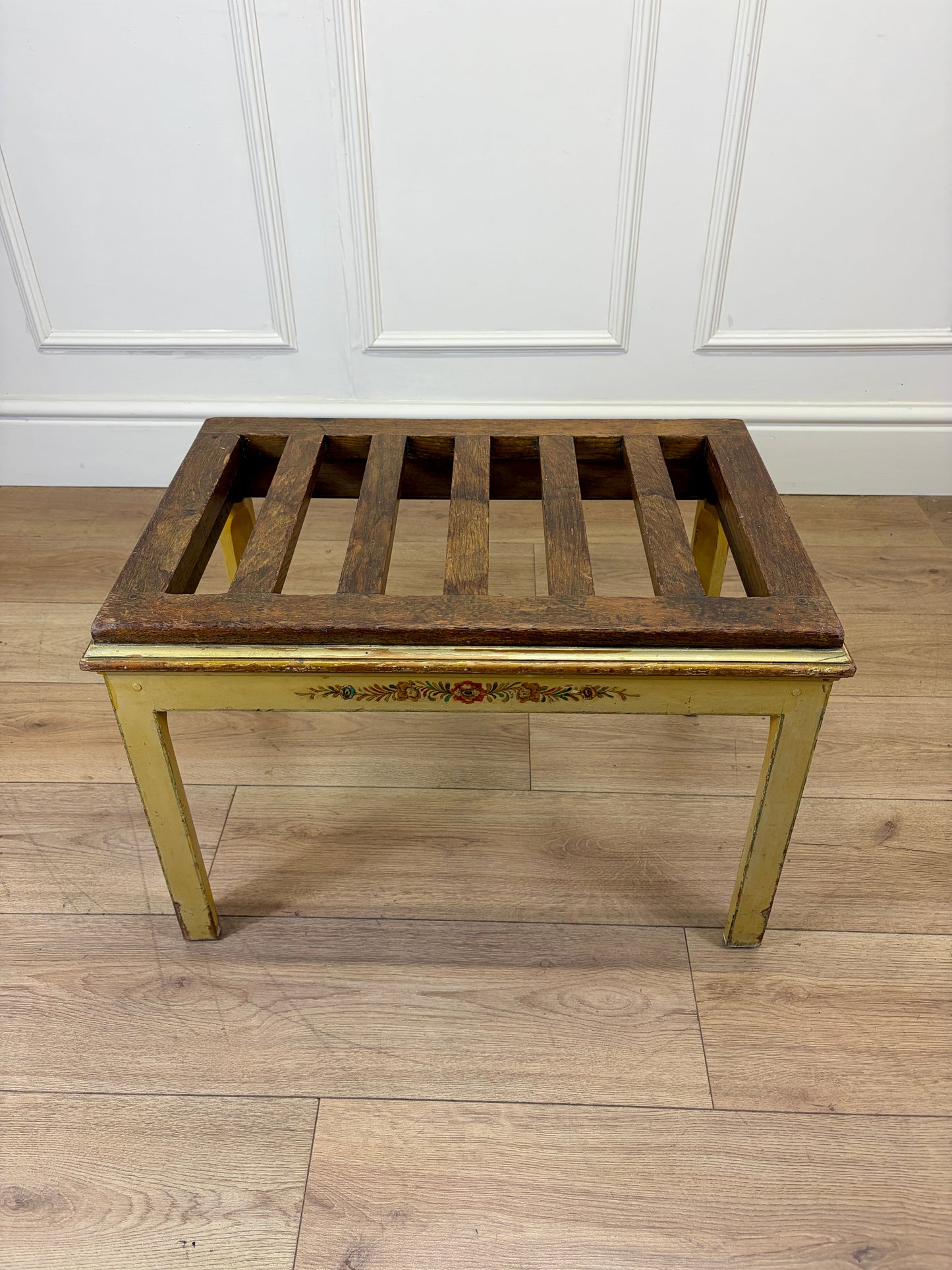 Antique solid oak luggage rack stool with original crackled yellow painted legs and base