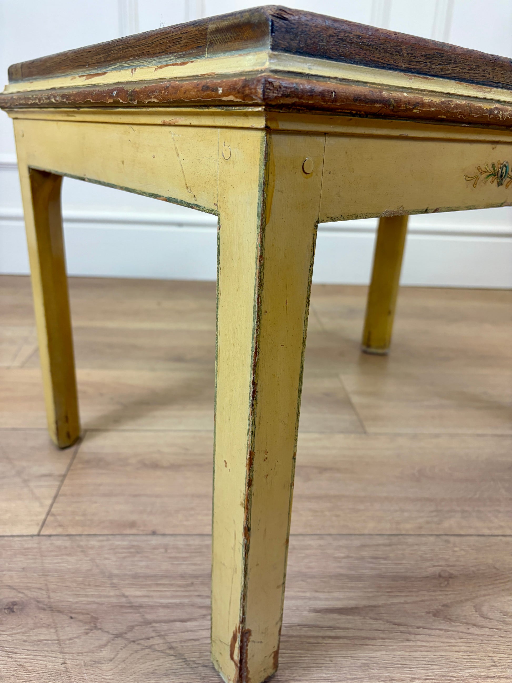 Antique solid oak luggage rack stool with original crackled yellow painted legs and base