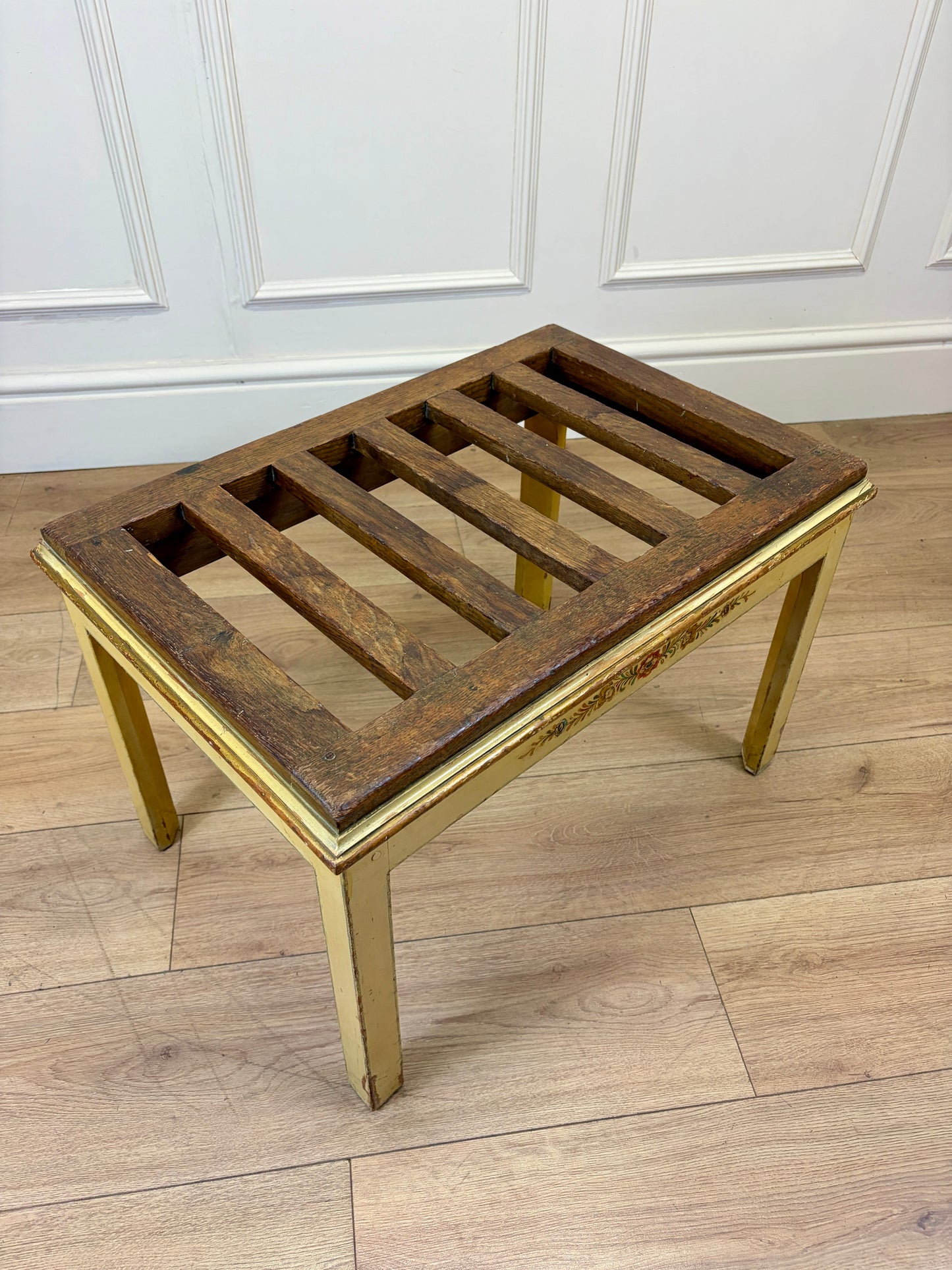 Antique solid oak luggage rack stool with original crackled yellow painted legs and base
