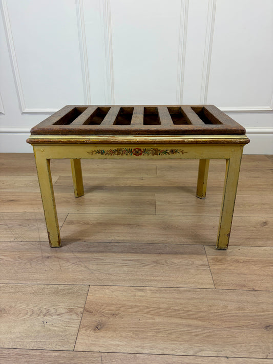 Antique solid oak luggage rack stool with original crackled yellow painted legs and base
