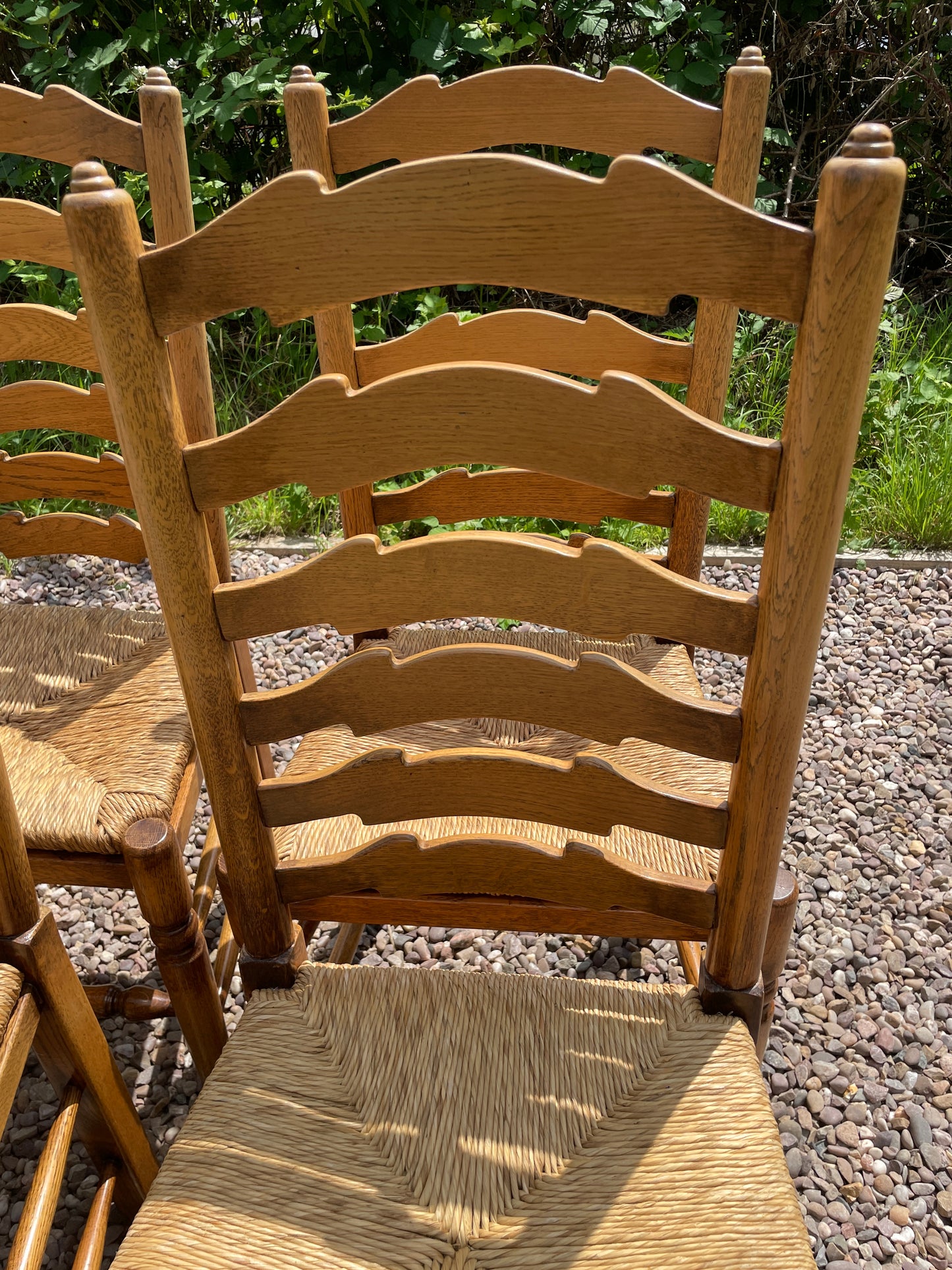 Vintage set of 6 light oak ladder back chairs