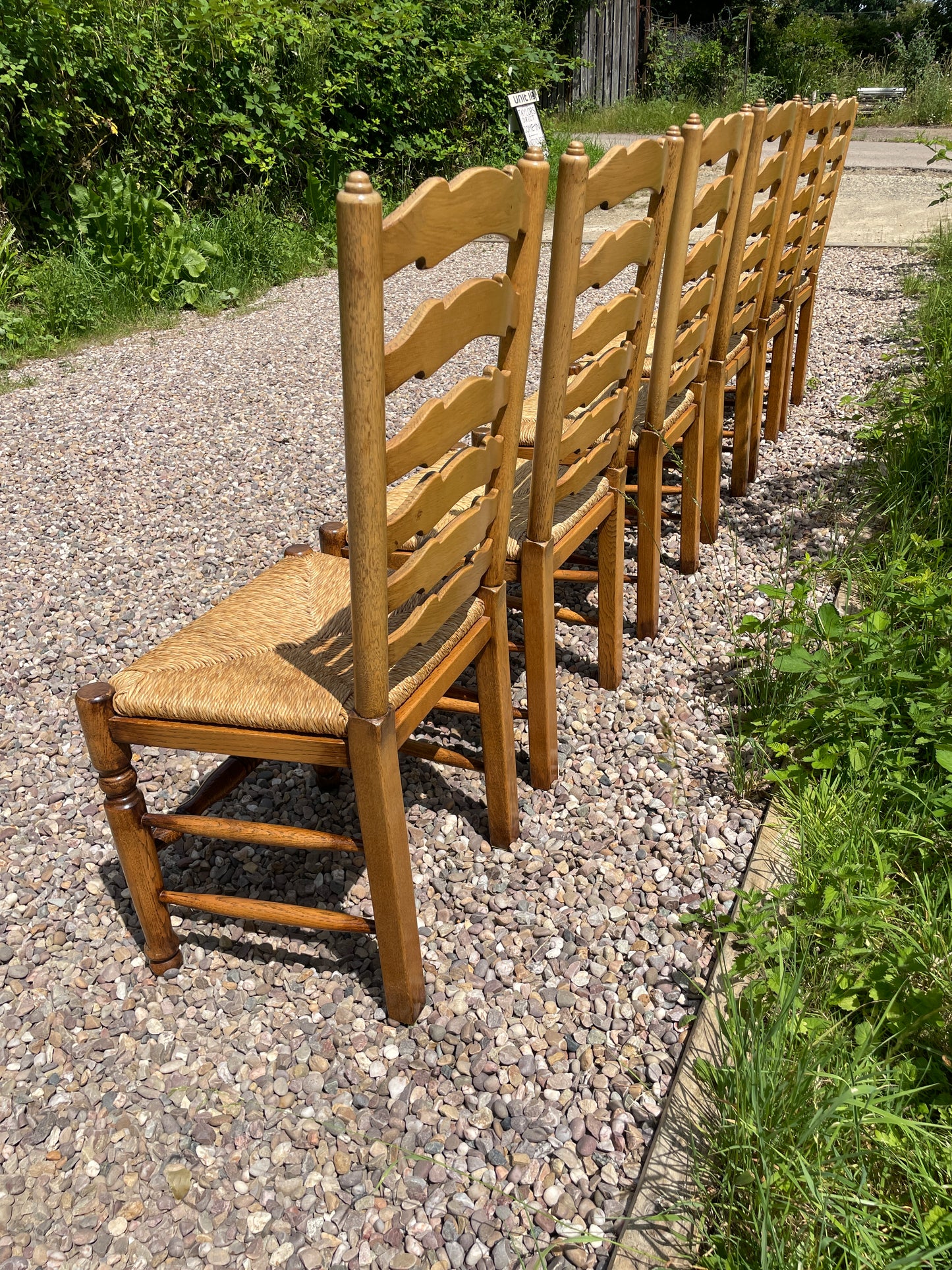 Vintage set of 6 light oak ladder back chairs