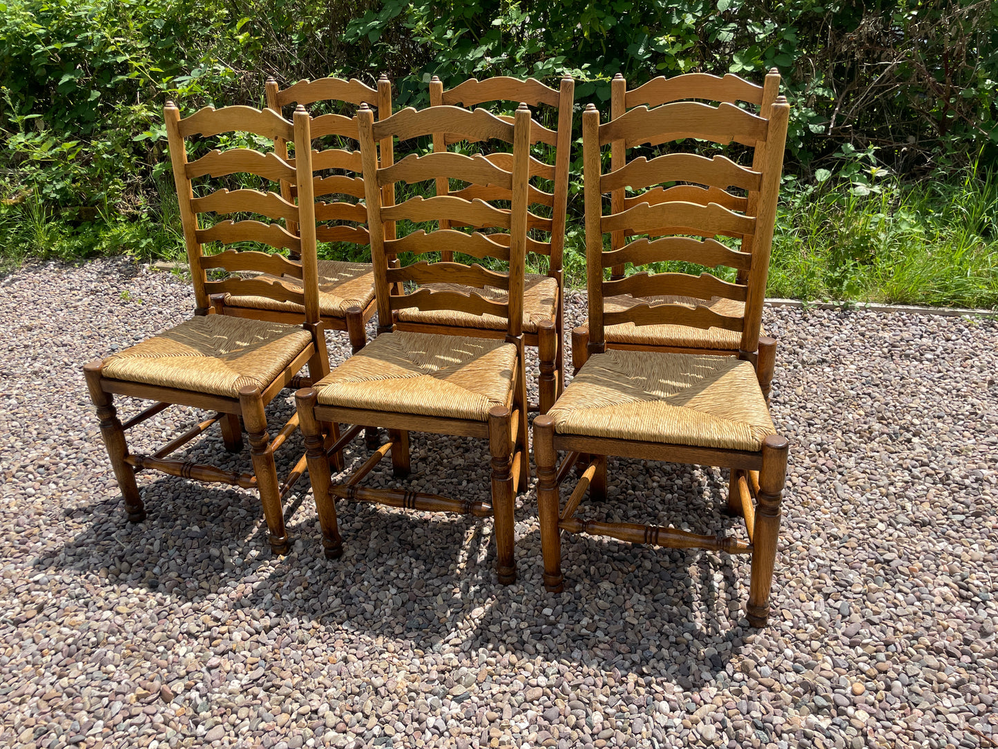 Vintage set of 6 light oak ladder back chairs