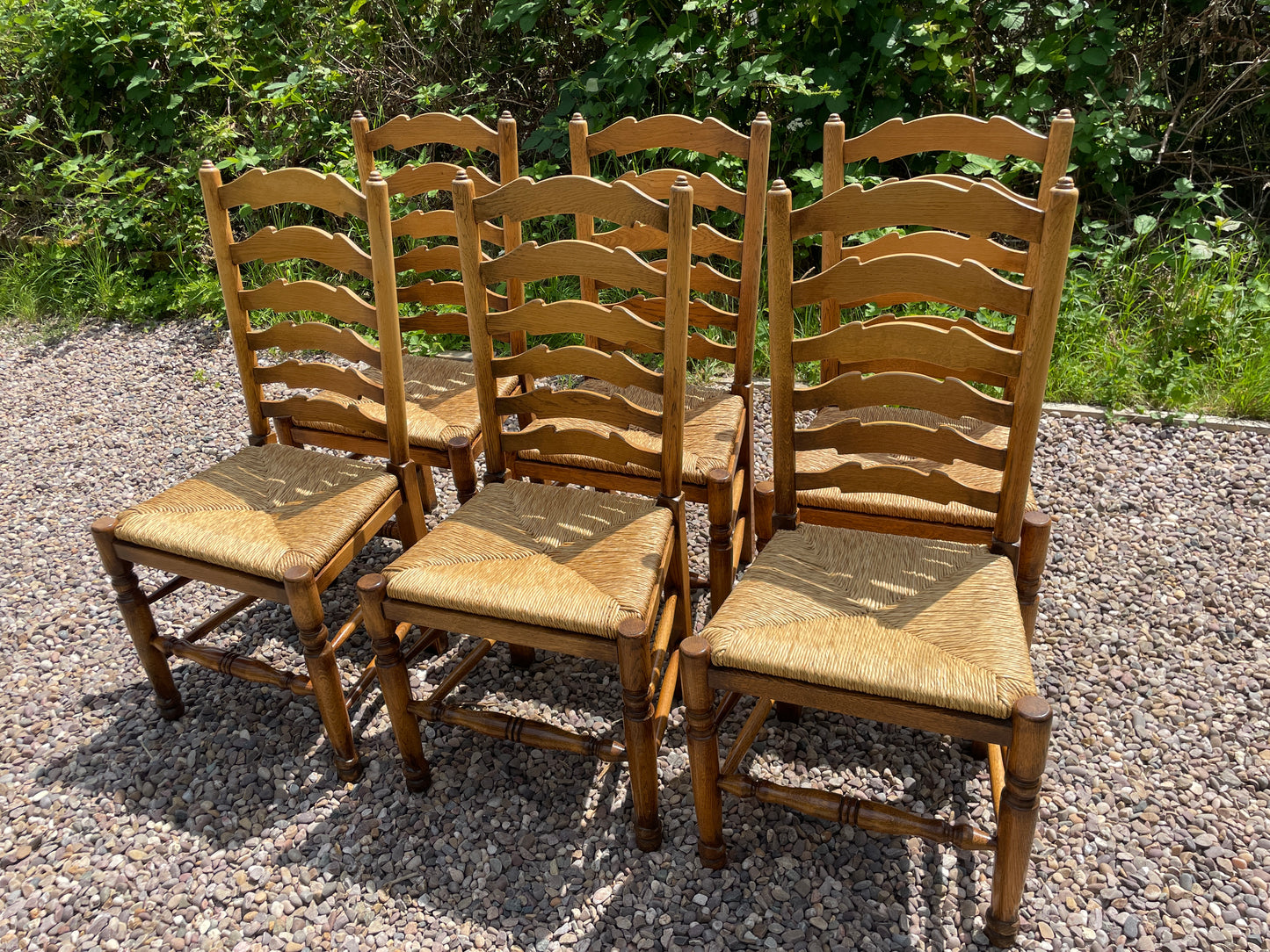Vintage set of 6 light oak ladder back chairs