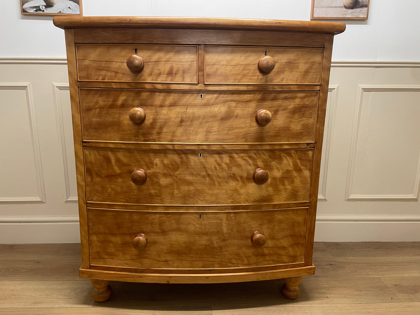 Victorian satin birch bow front chest of drawers