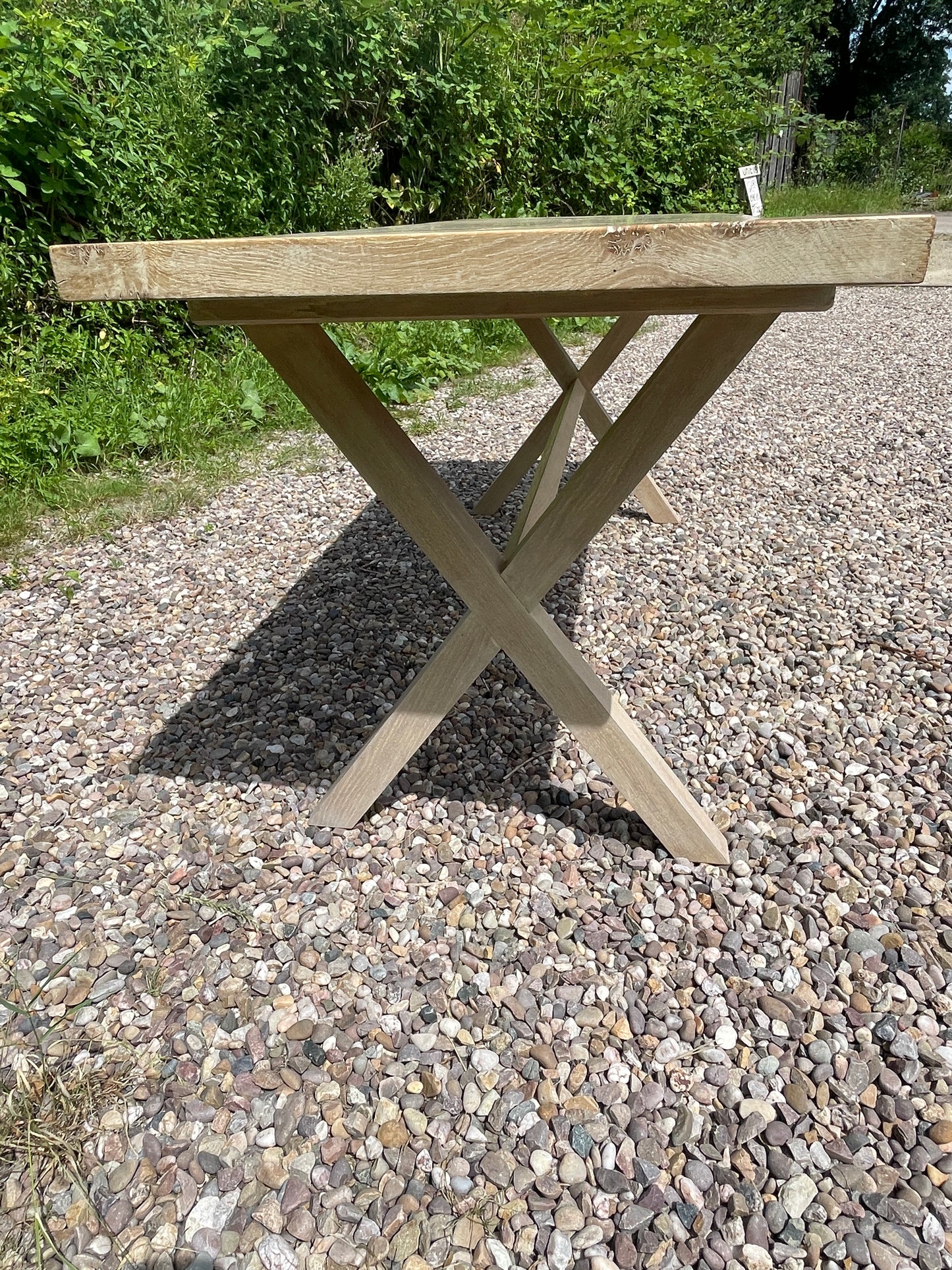Handmade limed oak burr x frame table