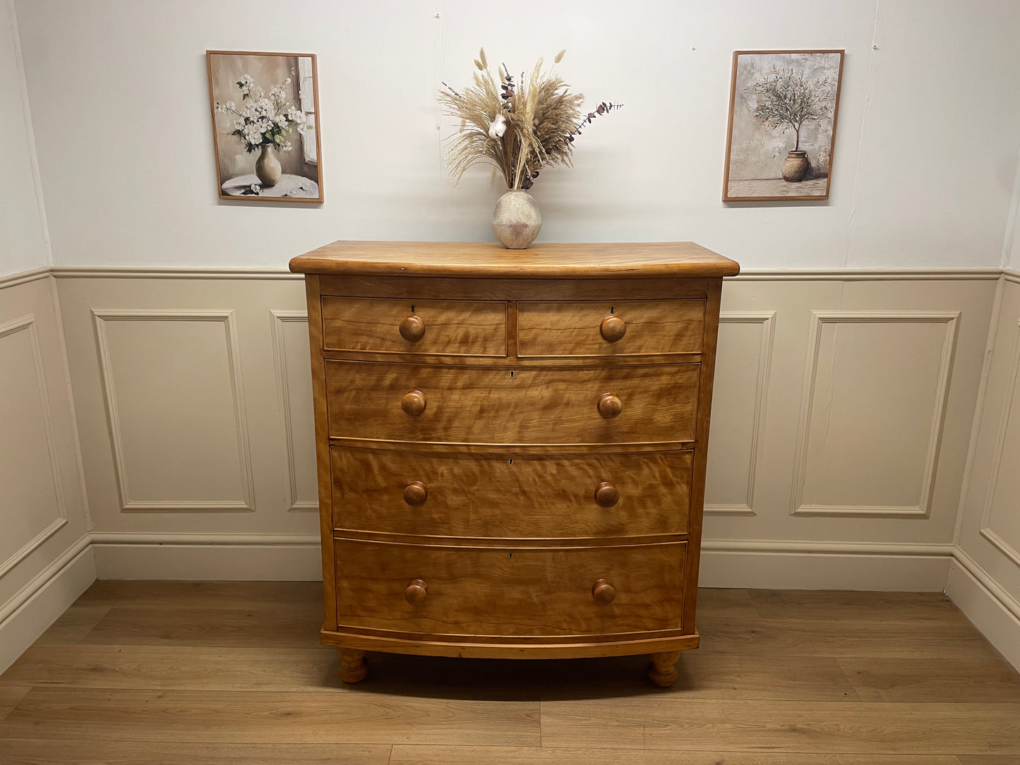 Victorian satin birch bow front chest of drawers