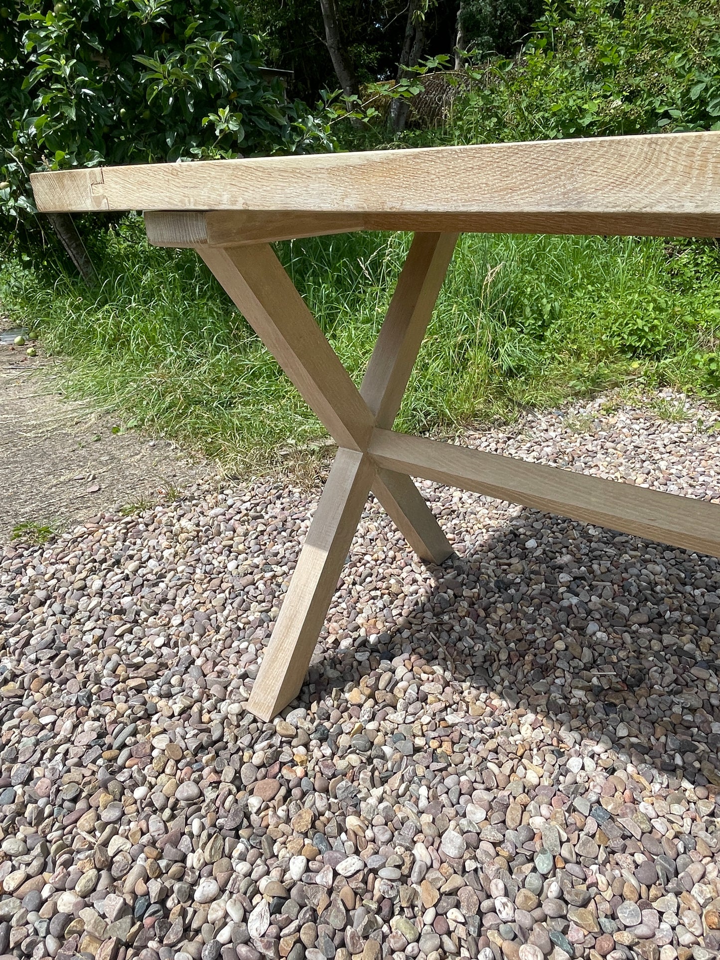 Handmade limed oak burr x frame table