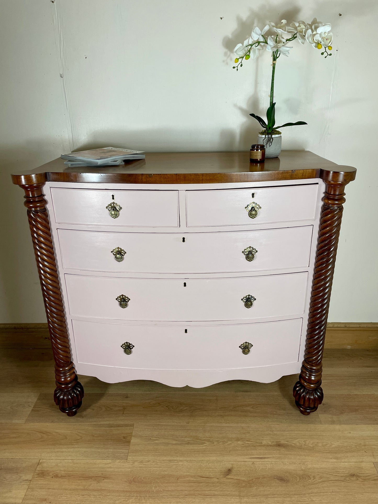 Antique Victorian Pink Large Painted Bow Fronted Chest of drawers