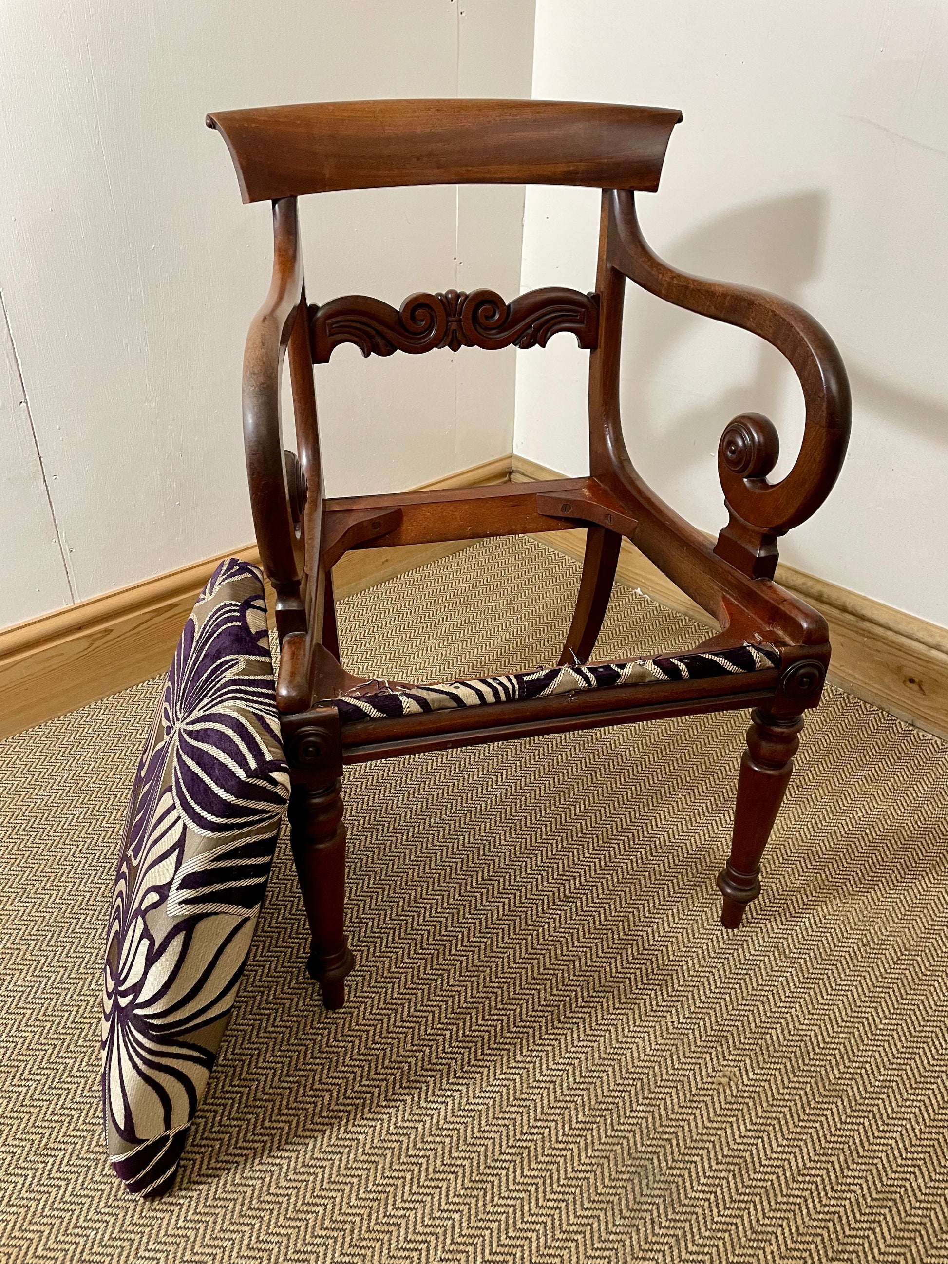Victorian Antique Scroll Arm Chair drop in seat