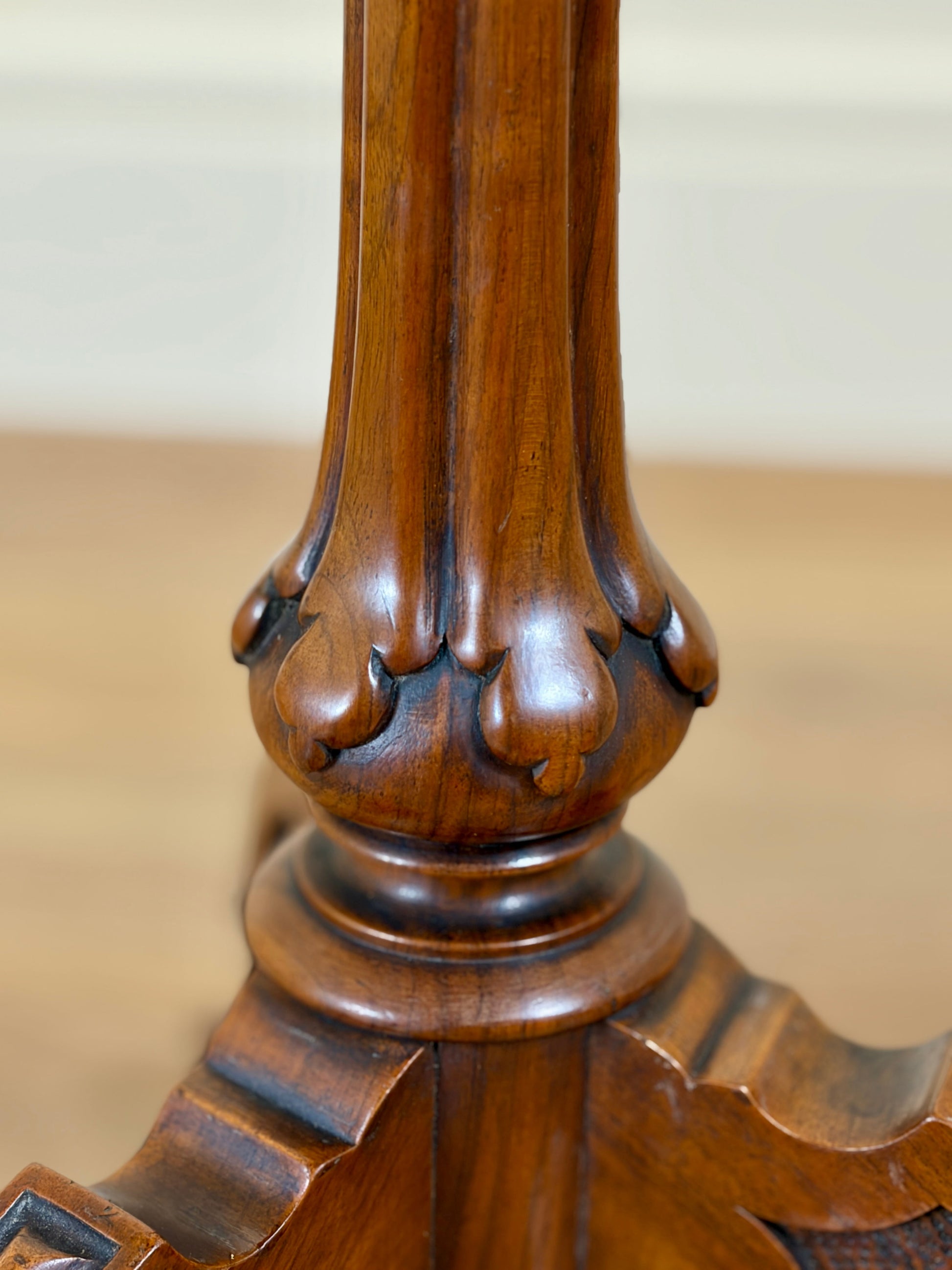 Antique Victorian burr walnut lamp table with tripod base and scroll feet